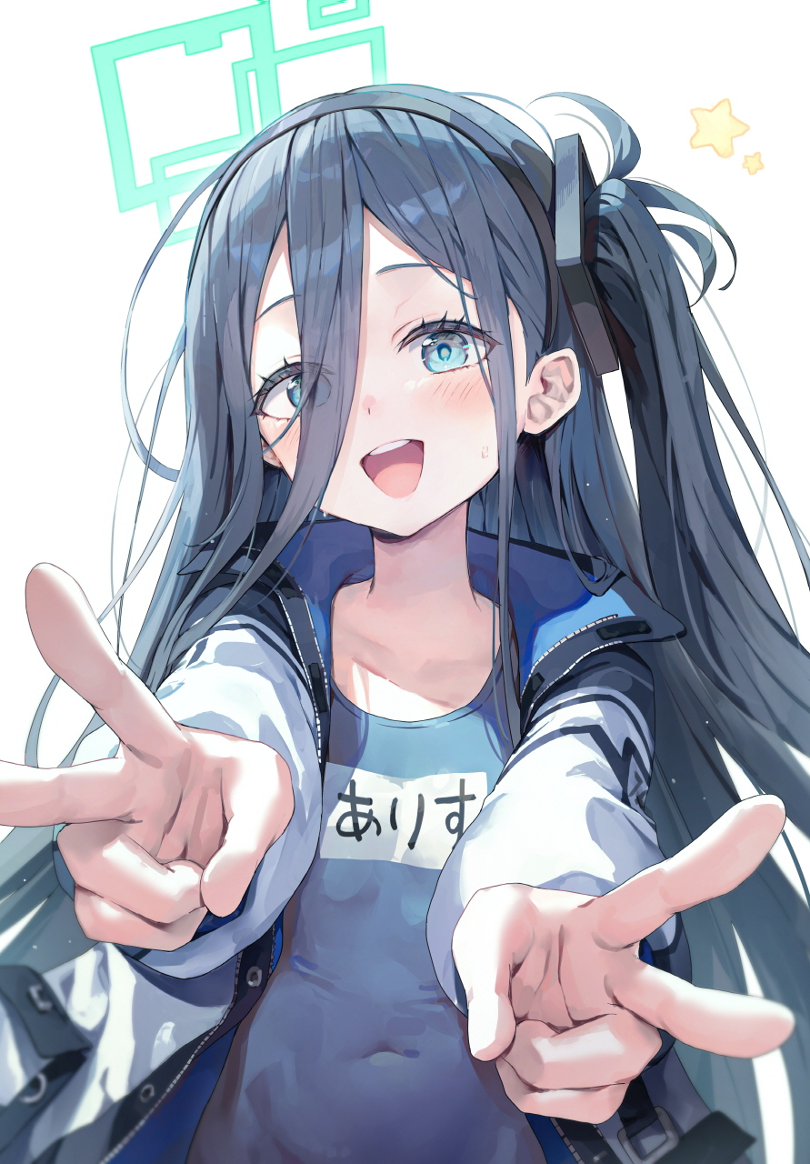 the image is a digital drawing of an anime girl with long, dark blue hair styled in a ponytail. she's wearing headphones and a light blue top under a gray and blue jacket. she's smiling and making a peace sign with both hands, directed towards the viewer. the background is white, and there are a few light green shapes and a yellow star in the upper left corner. the japanese text on her shirt is likely a variation of "arigato" meaning "thank you". the overall style is cute and kawaii.