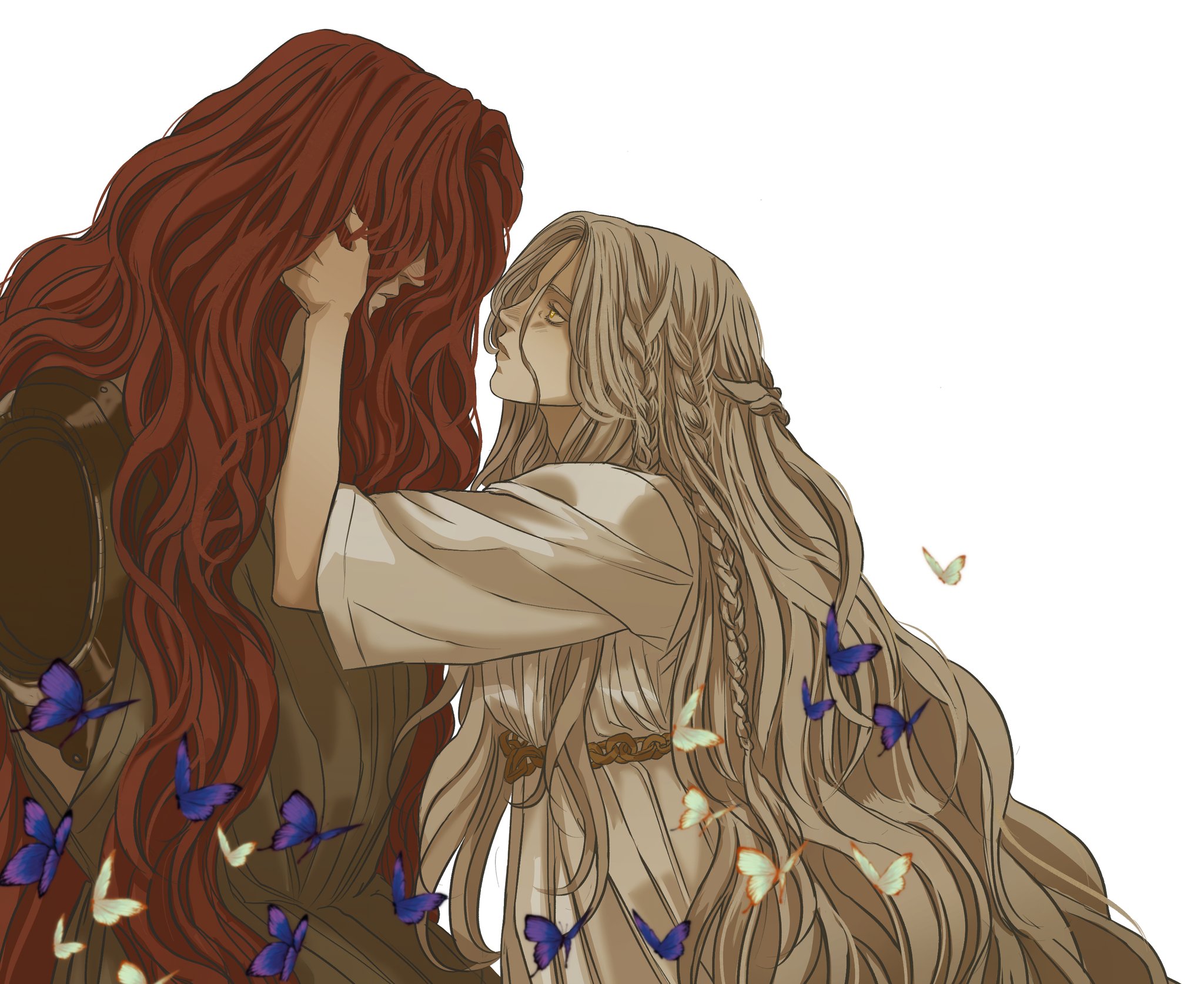 the image is an animestyle artwork depicting two characters, likely from the game elden ring, against a white background. the characters appear to be ranni the witch and radagon of the golden order. radagon, with voluminous red hair, is on the left, and ranni, with long blonde hair adorned with butterflies, is on the right. ranni is reaching out towards radagon, gently touching the side of his face, and they are both drawn in a soft, light color palette. butterflies of various colors flutter around them.