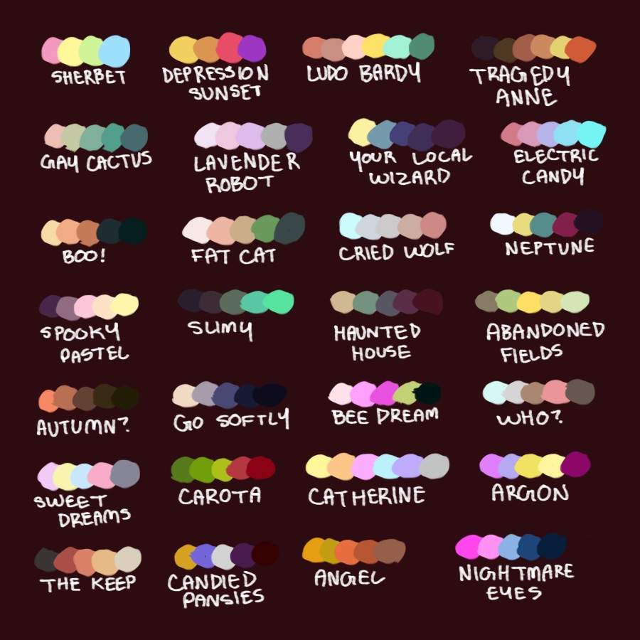 this is a collection of color palettes with whimsical names. each palette consists of 5 different colors.