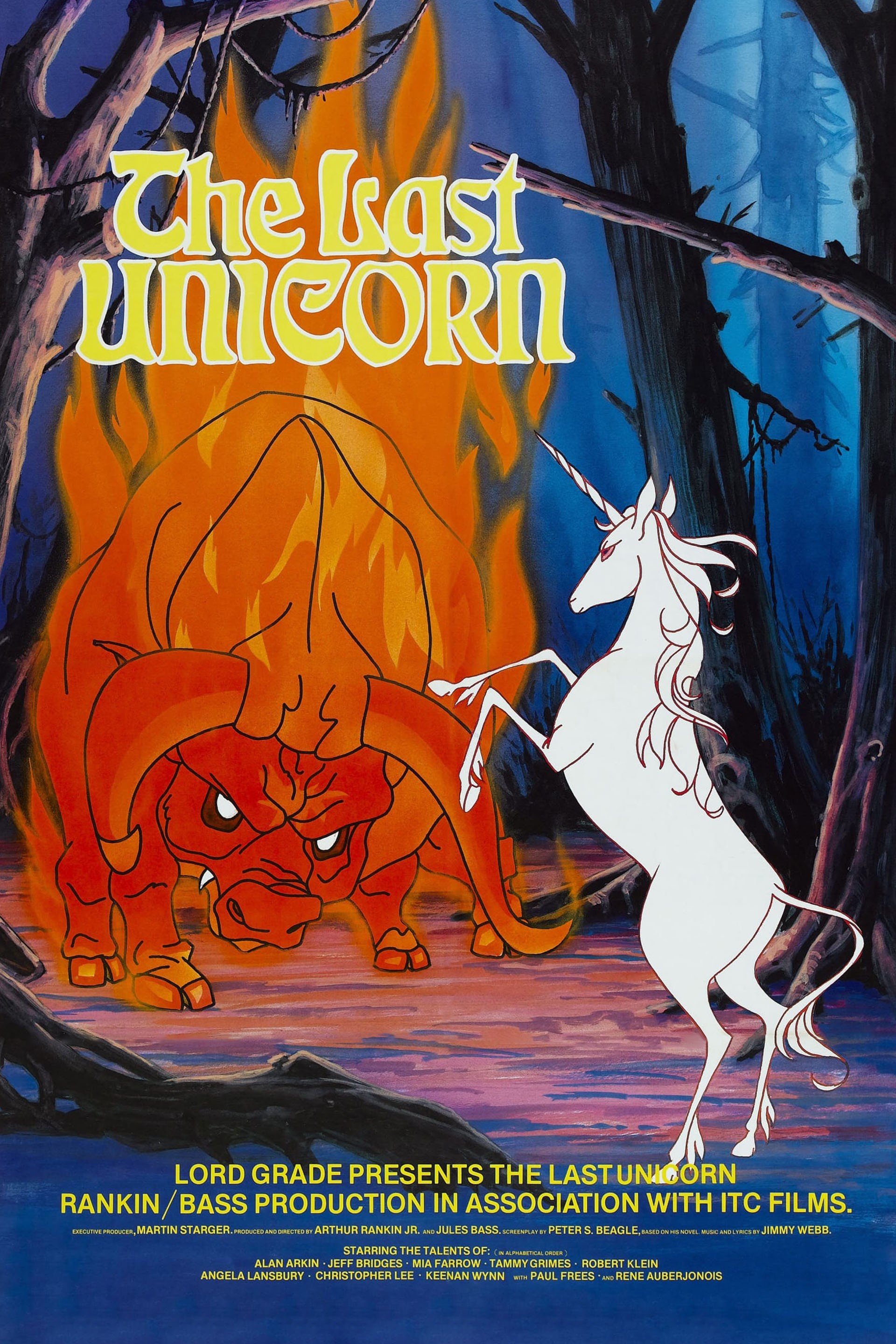 the movie poster for "the last unicorn" features a confrontation between the titular unicorn and a red bull. the unicorn is rearing up on its hind legs, white against a dark, fantastical backdrop. the bull is charging forward, flames surrounding it. the poster also displays the title of the movie, the production company, and the names of the actors involved. the overall style is a vintage 1980s cartoon aesthetic, conveying a sense of epic fantasy and adventure.
