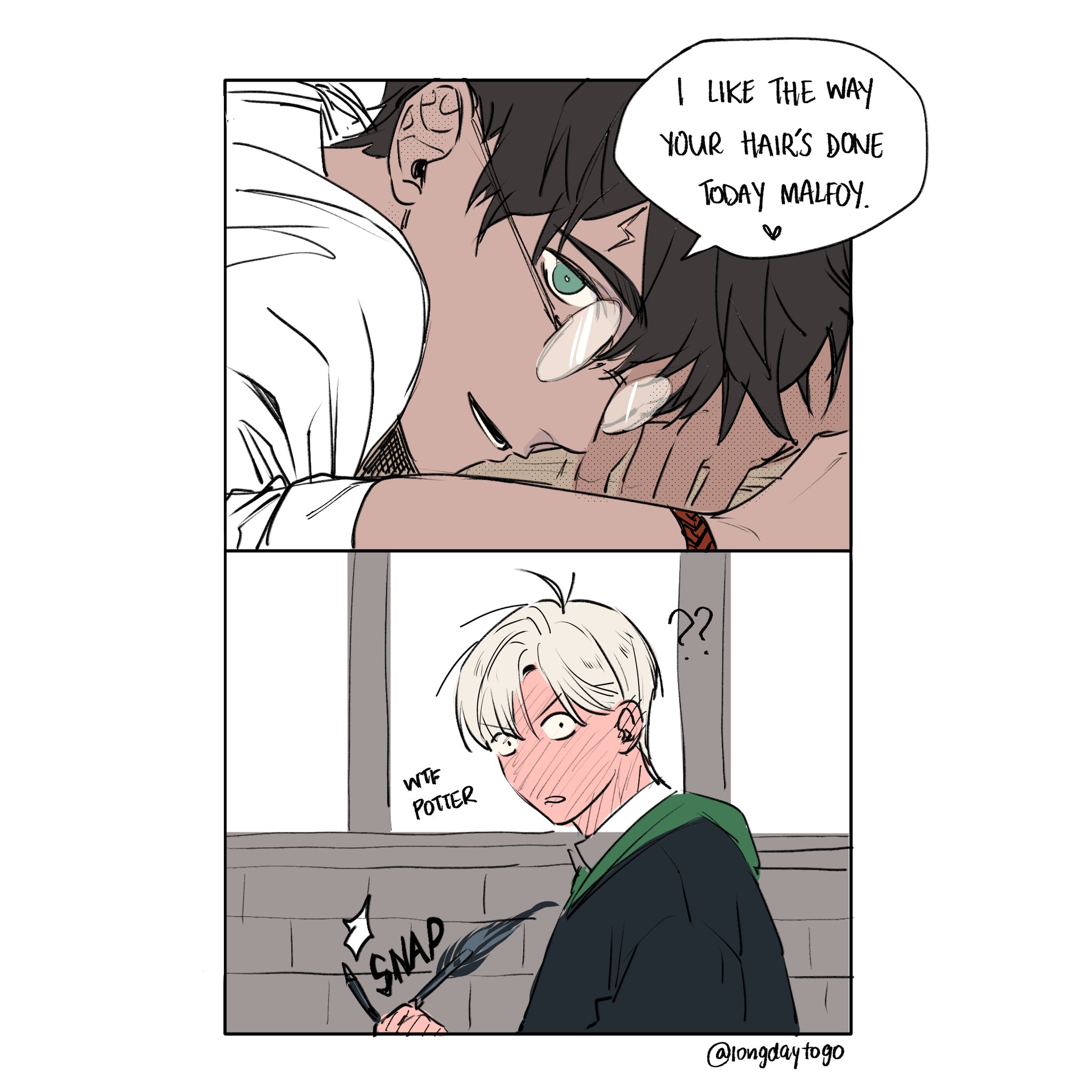 the image is a twopanel comic strip or webtoon style fanart depicting a romantic interaction between draco malfoy and harry potter, characters from the harry potter series. the art style is reminiscent of manhwa or webtoons, featuring clean lines and soft coloring.the first panel shows draco lying down, looking up at harry (or implied to be harry). harry is out of frame, but there's a romantic dialogue bubble from draco expressing his appreciation for draco's hairstyle.  the second panel shows harry, seemingly surprised or embarrassed, snapping a feather quill. there's a text bubble from harry mentioning "wtf potter", possibly indicating internal thoughts or surprise at the compliment. the overall feel is playful and romantic, leaning towards a yaoi (boys' love) interpretation of the characters' relationship.