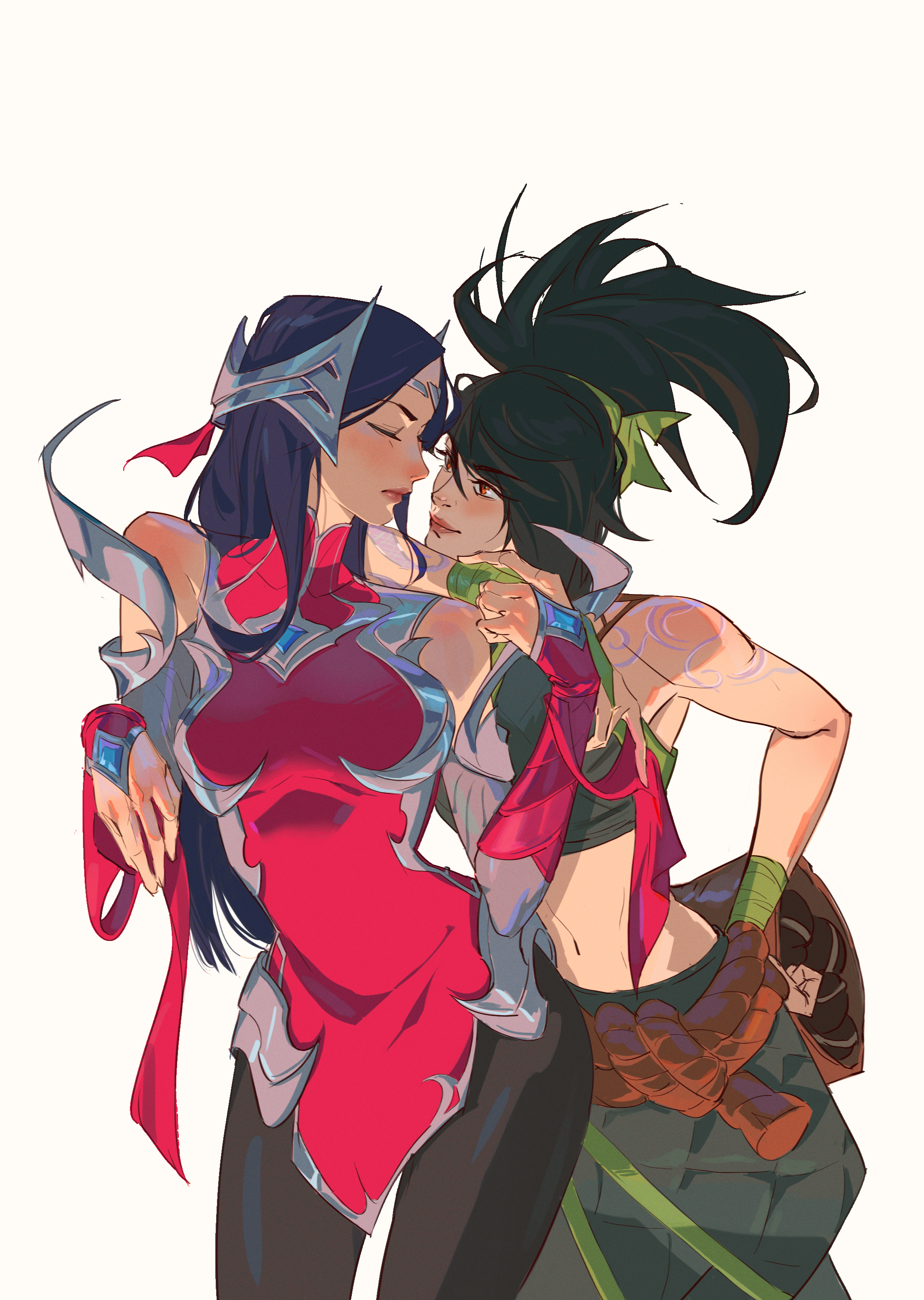 this is a digital artwork depicting two anime girls. the girl in the red outfit is on the left and she is embracing the girl with a green band on her wrist. the girl in the red outfit has a white and blue head piece and long black hair. the girl in the green band has black hair and a red bandana on her wrist. they are both smiling at each other. the image is in a style that is typical of anime and manga. the background is white.  the image is set in a fantasy world and the characters are wearing armor and weapons. the artwork is a digital painting.