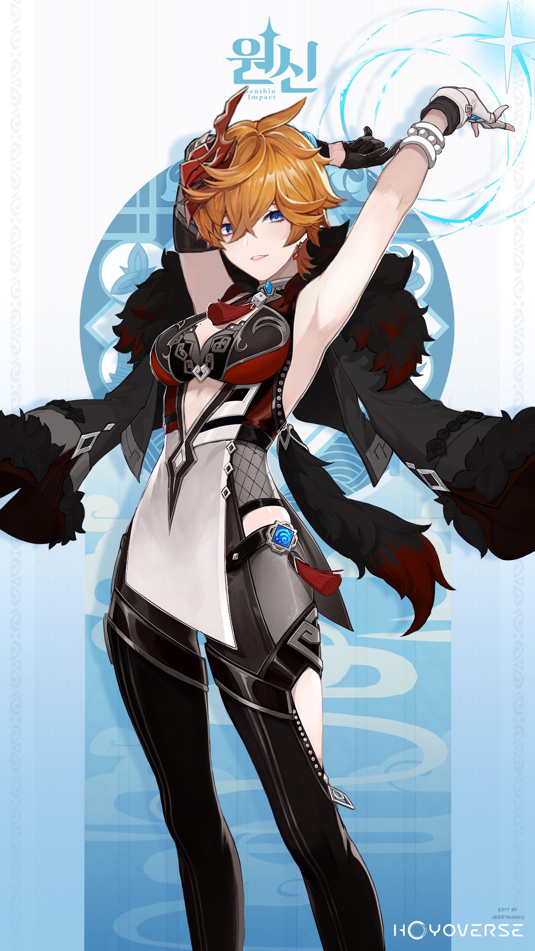 this is a digital illustration of a female anime character. the character is wearing a black and red outfit and has a sword in hand. she has a cute and elegant look and is surrounded by blue magical particles. she is standing in a beautiful and peaceful background.