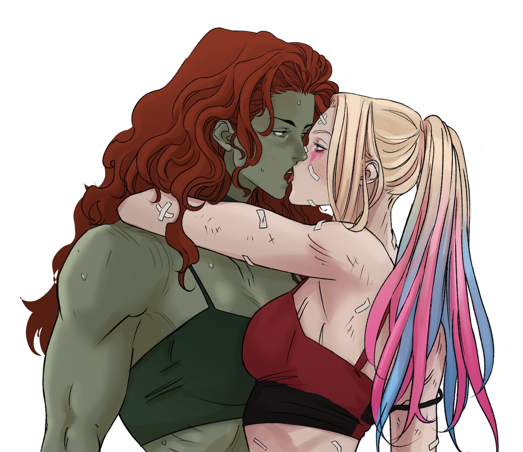 the image depicts harley quinn and poison ivy from dc comics in a romantic embrace, kissing. poison ivy, with her characteristic green skin and voluminous red hair, has her arm around harley quinn. harley quinn, with blonde pigtails dyed pink and blue, is also embracing poison ivy. both characters have visible bandages and wounds, suggesting they have been in a fight or dangerous situation. the artwork is in a comic style, showcasing a samesex relationship between the two characters.