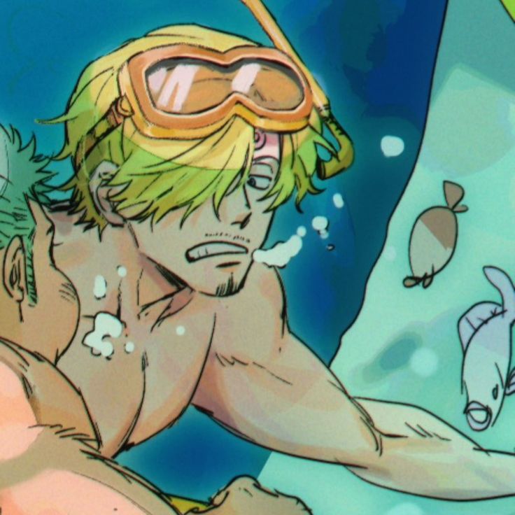 the image is a stylized illustration or fanart depicting sanji from the anime and manga series one piece. he is underwater, wearing swimming goggles and a snorkel.  his upper body is visible, showcasing his muscular physique. the background features a light teal/aqua colored water scene with some cartoonish fish.  the art style is reminiscent of the original one piece manga but with a potentially enhanced or altered color palette. part of another character's arm (possibly zoro) is visible in the lower left corner. the overall mood is lighthearted and summery.