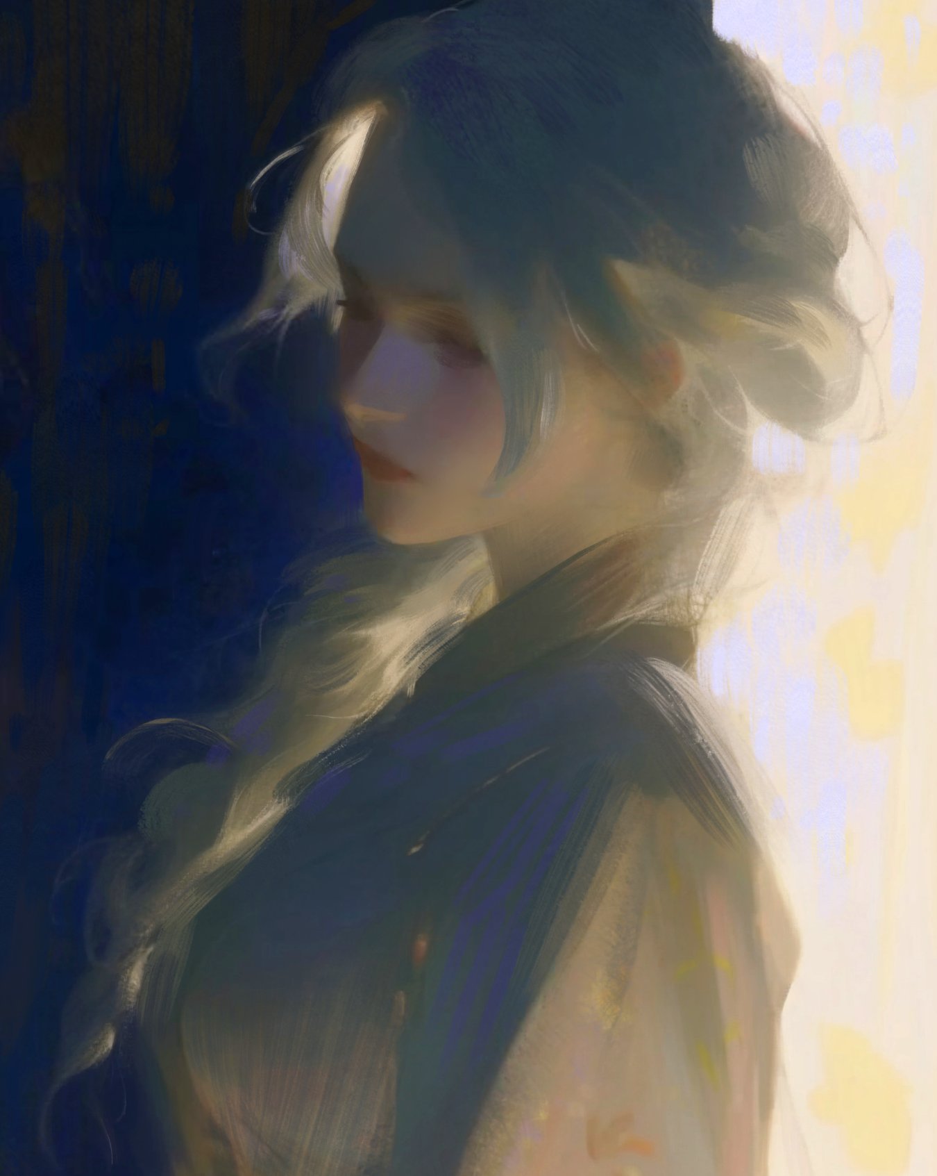 a digital painting of a woman with her face turned down. the woman is mostly in shadow. her light hair is mostly hidden and blends in with the background. she is wearing a blue jacket.