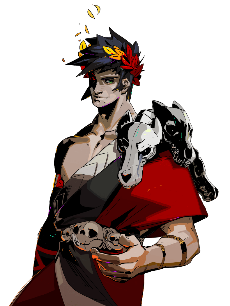 this is a digital art piece of zagreus, the god of the underworld from the video game hades. zagreus is a powerful warrior, clad in a dark, red cloak with skull accents. he is wearing a crown of leaves and holding two dog heads, symbols of his power. the art style is stylized and dramatic, with a dark and vibrant color palette.