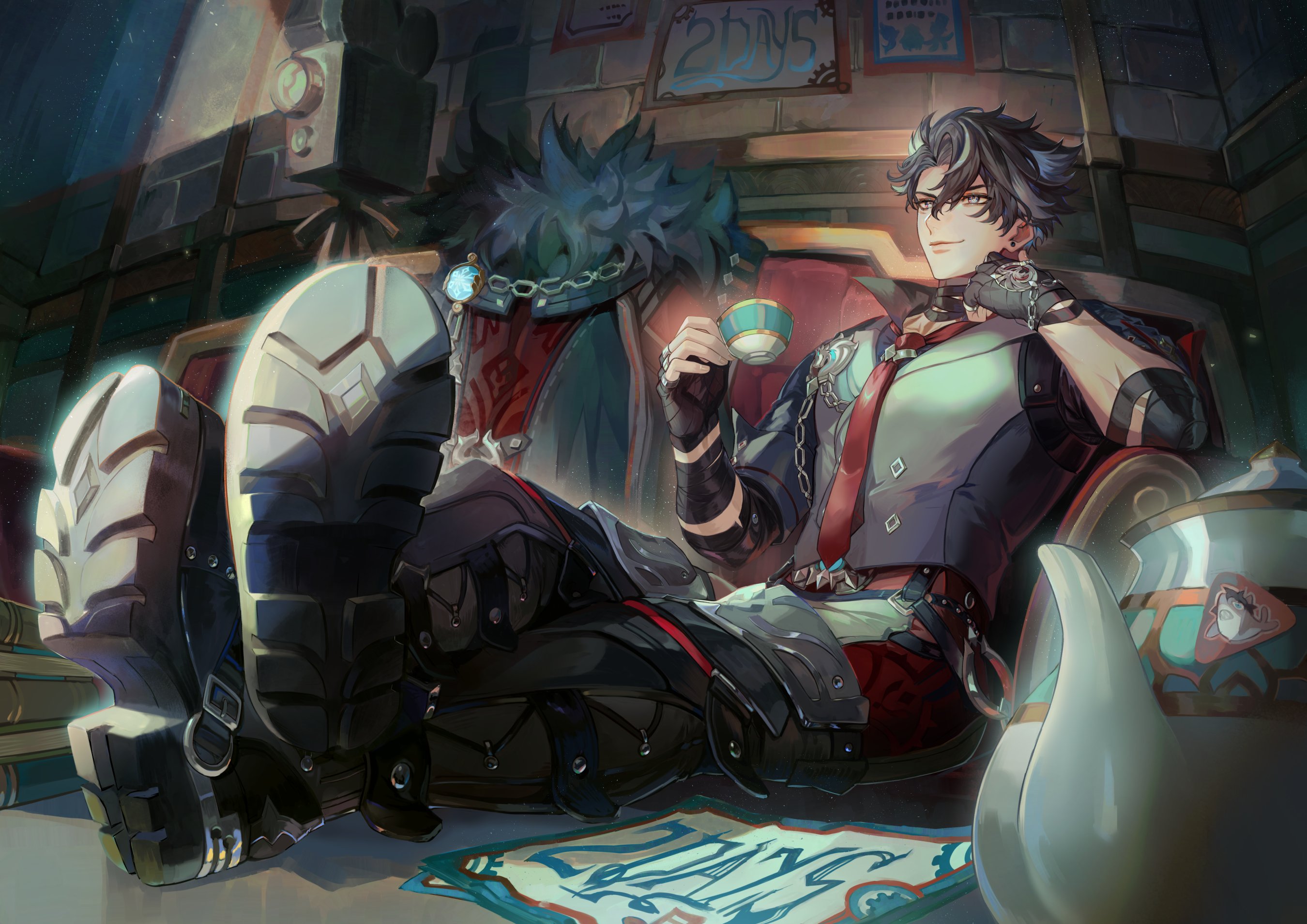 an anime character is sitting in a chair with a teacup in his hand. he is wearing a red tie and black boots. there is a teapot on the table next to him. the character is surrounded by books.