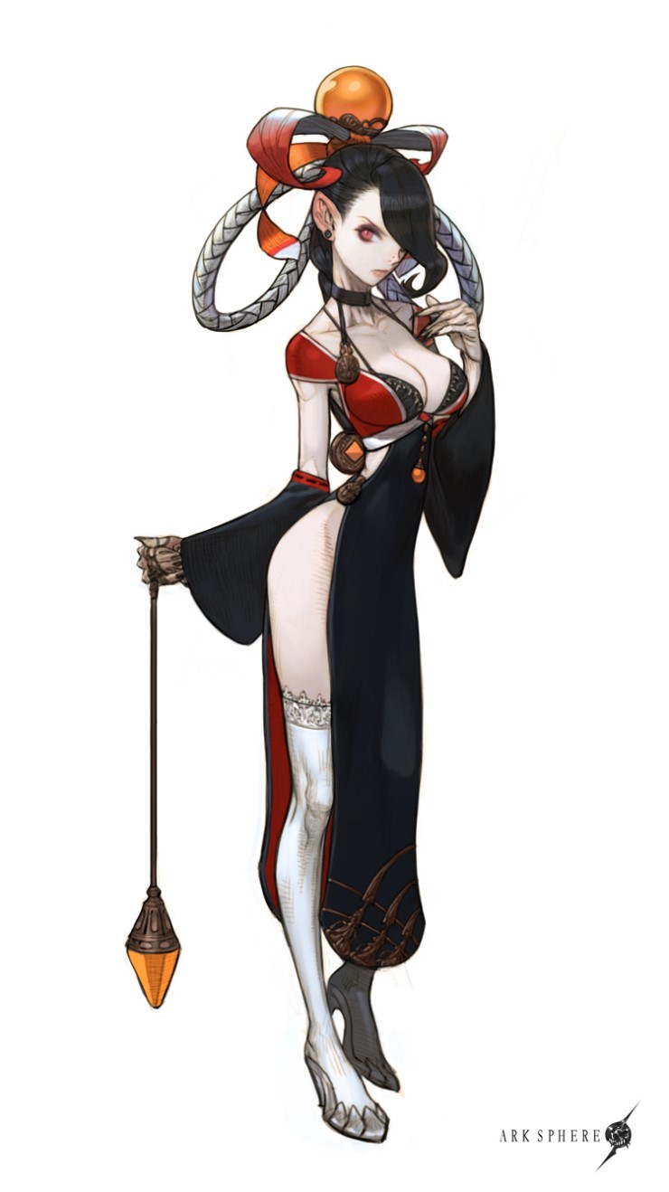 this is an illustration of a beautiful female character with long black hair wearing a beautiful dark red and black dress.