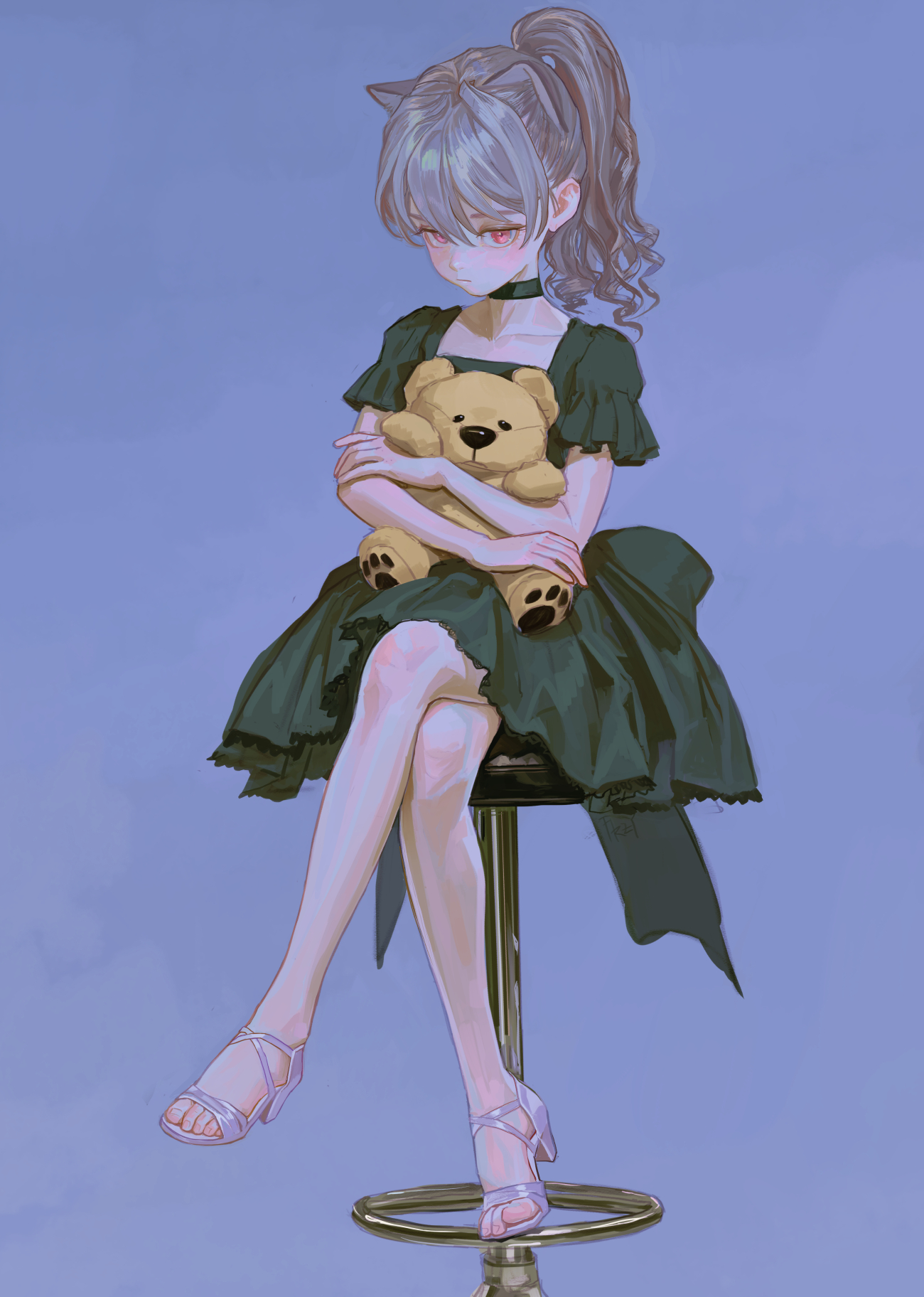an anime girl with grey hair in a high ponytail and cat ears, red eyes, wearing a dark green dress and sandals, sitting on a stool and hugging a teddy bear. she has a black choker on her neck. the background is blue.