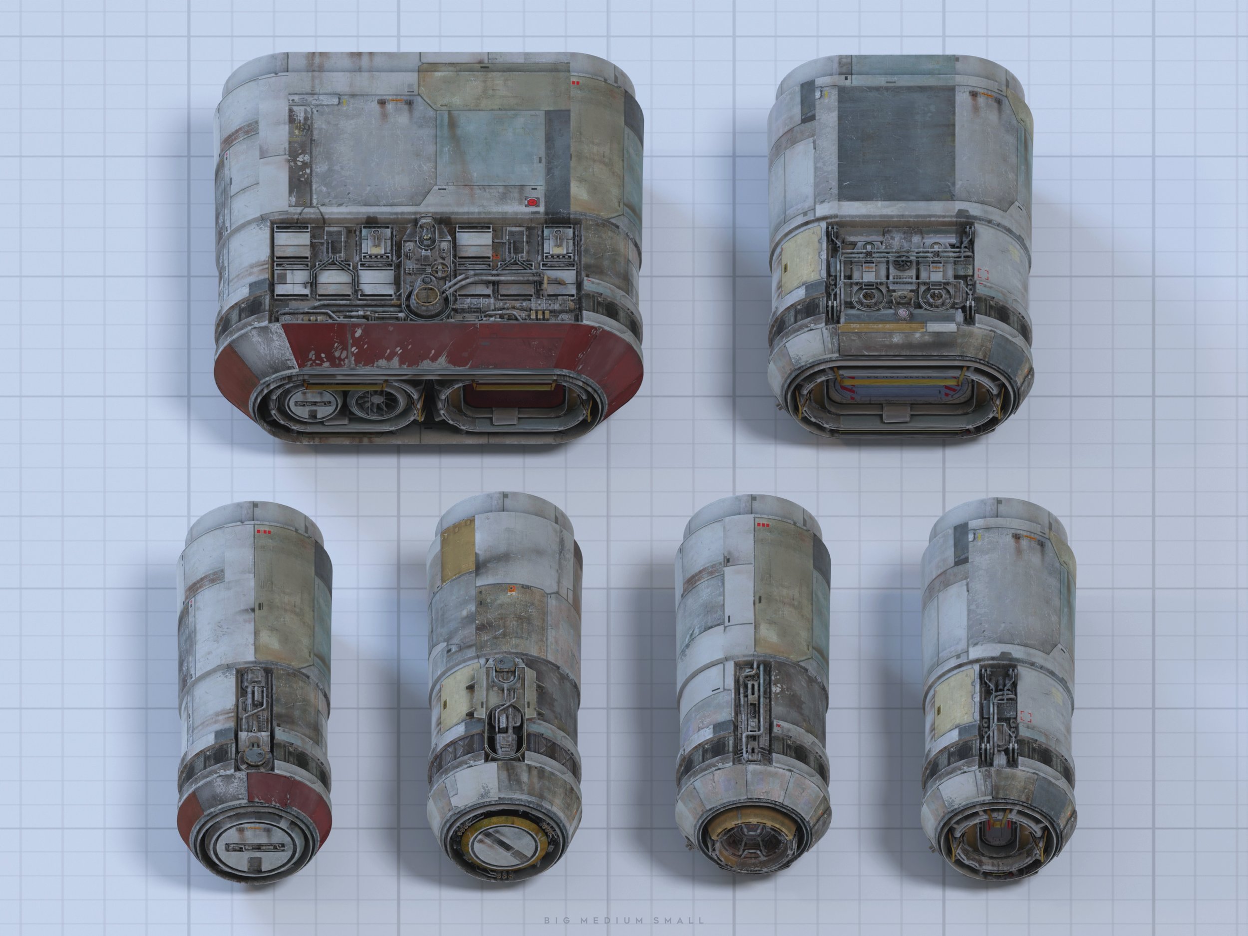 the image presents a 3d render of various views of several seemingly modular spaceship components.  these components are predominantly grey and show signs of weathering, rust, and age. the designs include both rectangular and cylindrical shapes with visible internal mechanisms and paneling, suggesting industrial or technological functionality. the components are displayed on a grid background, offering different perspectives (top and side) for a comprehensive view of their design and construction.  the overall style points towards science fiction or a futuristic setting.