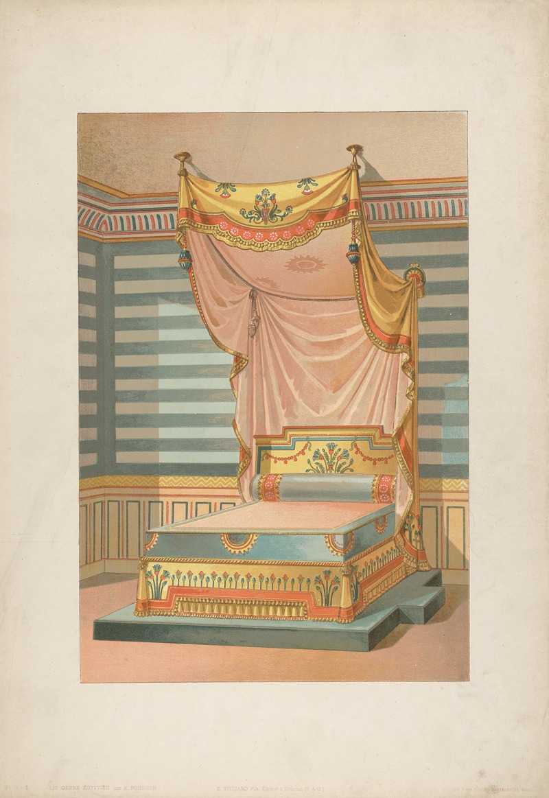 an illustration depicts an elaborate antique canopied bed in an egyptianstyle bedroom. the bed is raised on a platform and features intricate decorative details, including geometric patterns and stylized plant motifs in gold, red, and blue. the canopy is draped with light pink fabric and trimmed with yellow and red borders. the walls are striped in muted tones of blue and white, with a decorative frieze near the ceiling. the overall style is reminiscent of historical design or architectural renderings.