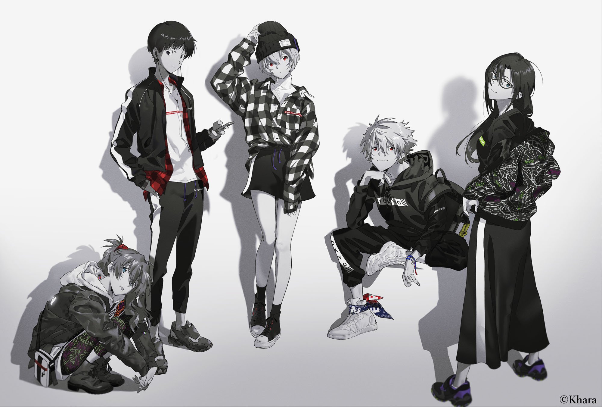 the image features all five main characters from the neon genesis evangelion franchise: shinji ikari, asuka langley soryu, rei ayanami, kaworu nagisa and mari illustrious makinami,  dressed in fashionable streetwear posing against a minimalist white background. the art style is a stylized semirealistic sketch.