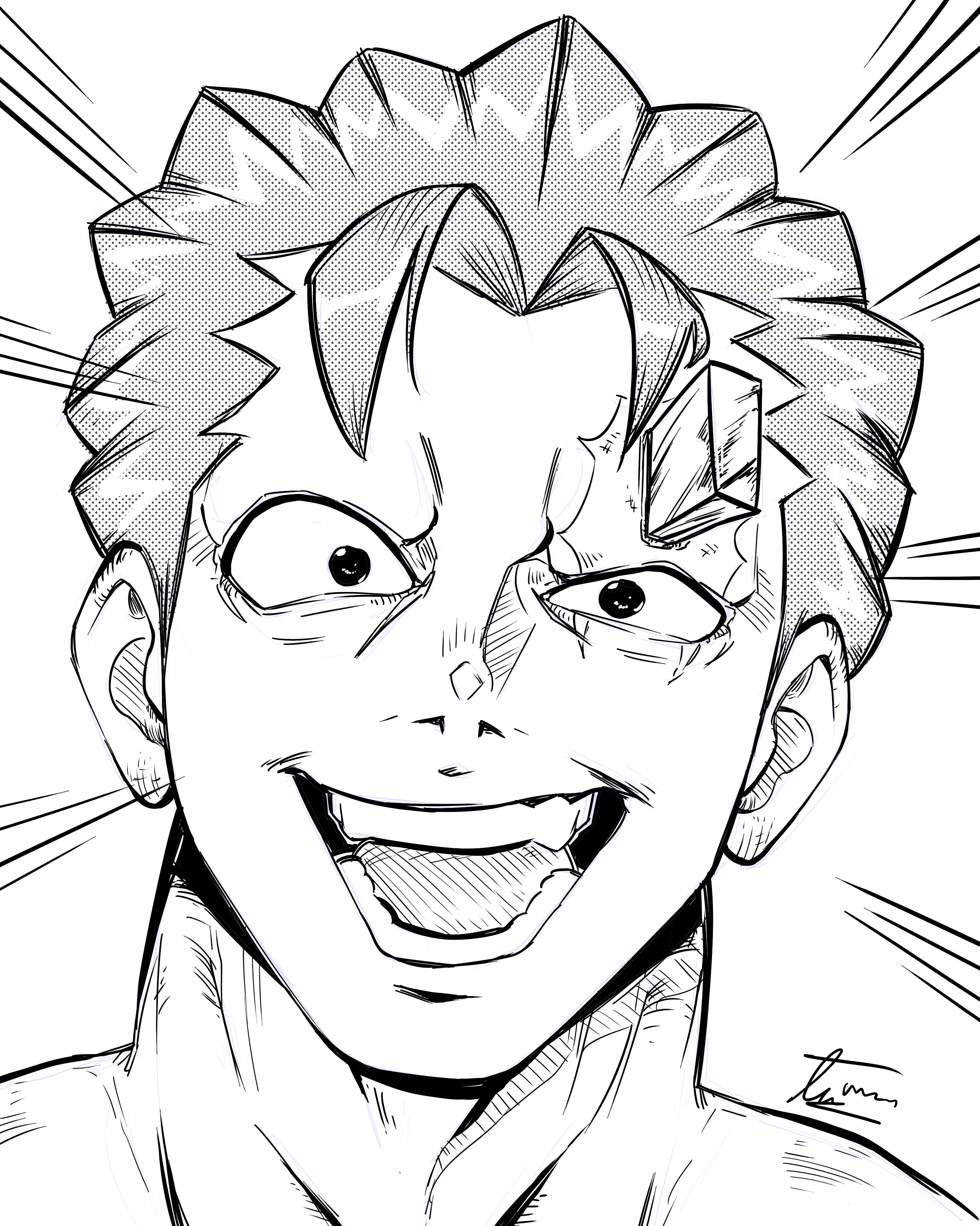 this is a black and white line art digital drawing of an anime character with a big, cheerful, and friendly smile. the character is male, and his facial expression is filled with joy and happiness. the background is a simple white space with lines radiating from the character's head, as if he is a superhero with glowing aura. the artwork is drawn in a clear, simple style, with sharp lines and detailed features, highlighting the character's personality and energy.