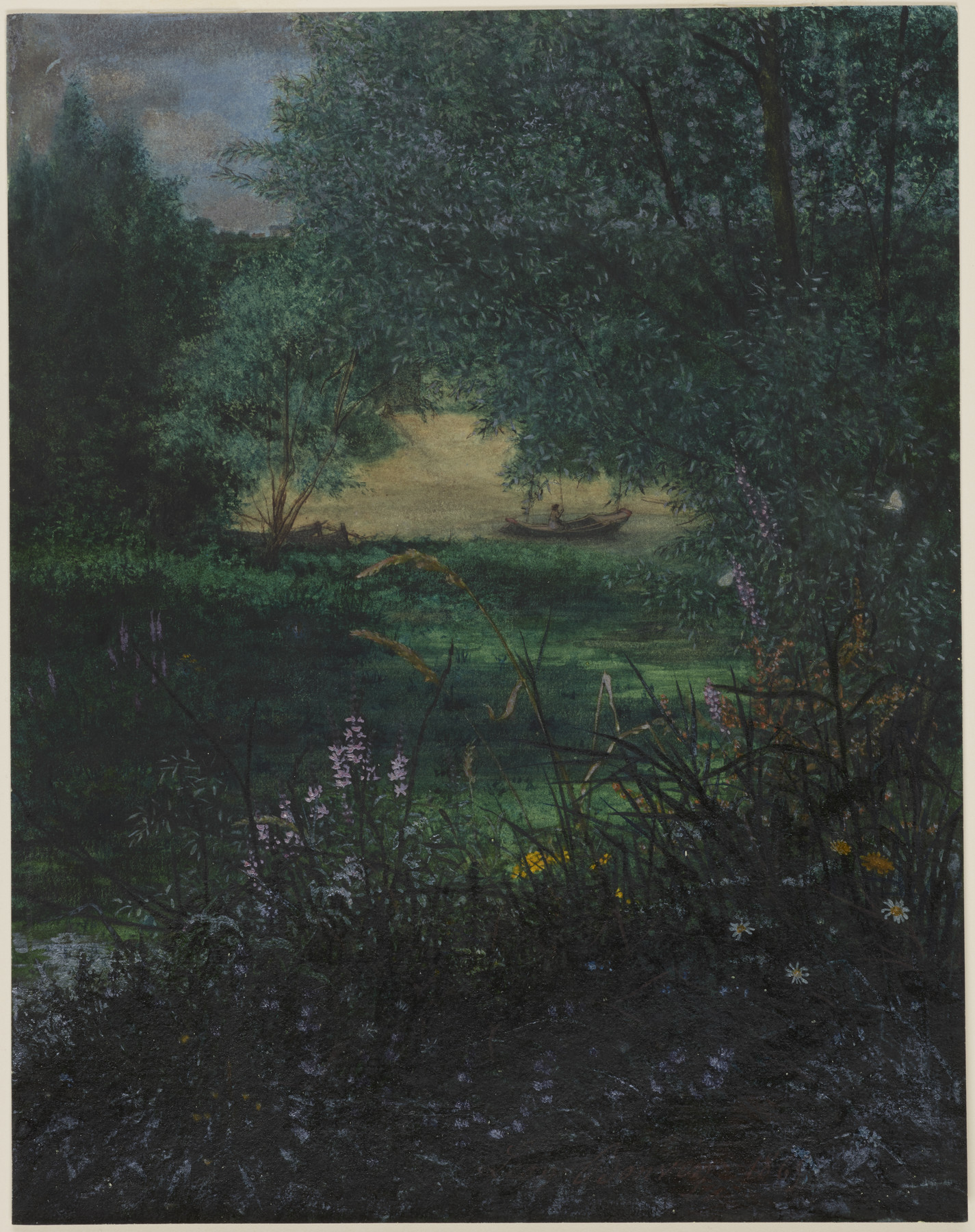 a painting depicts a landscape featuring a river with a boat on it, surrounded by trees and lush greenery. the scene is filled with foliage, grass, and various flowers, creating a natural and artistic ambiance. the water reflects sunlight, enhancing the light and dark contrasts in the painting. reeds and other vegetation grow along the water's edge, suggesting a pond, marsh, or meadowlike environment within a forest or riparian setting.