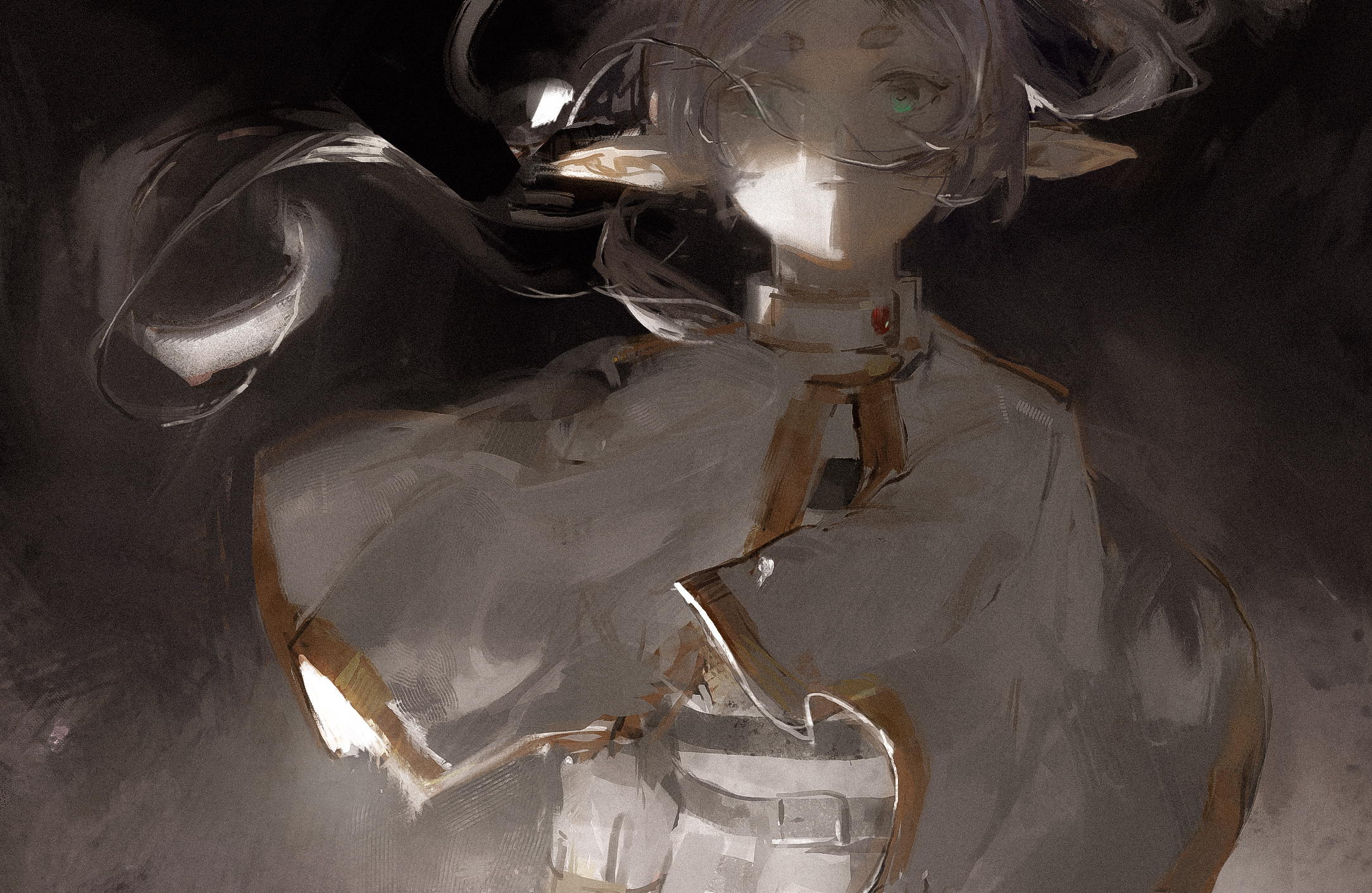 a digital painting of a young female elf with white hair and green eyes. she is wearing a hooded cloak and is standing in a dark, mysterious setting. her face is partially obscured by her hair and cloak, but her eyes are visible and convey a sense of sadness or longing. the painting has a soft, ethereal quality, and the lighting is dim and moody.