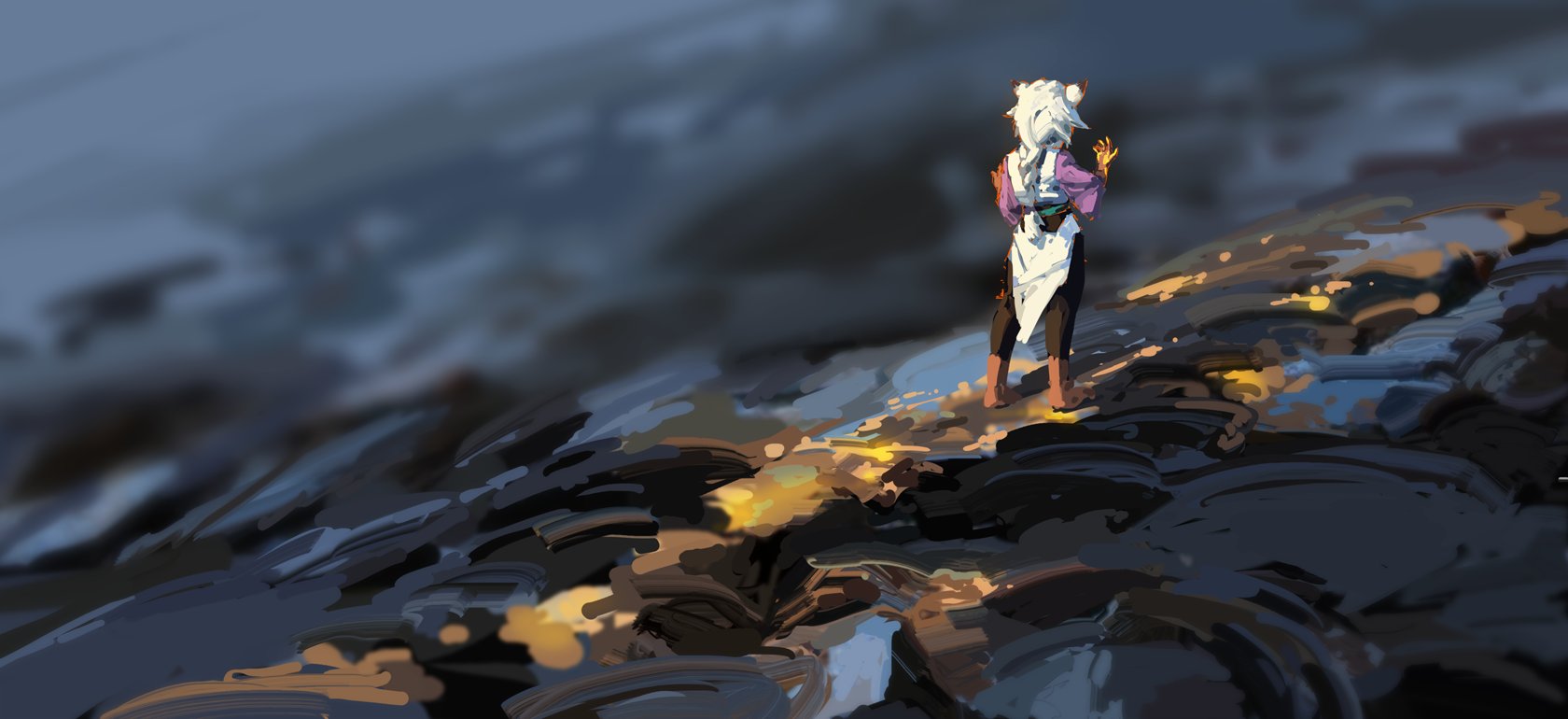 the image is a digital painting depicting a lone female character standing on a rocky outcrop overlooking a vast, dark ocean. the character has long white hair, and is wearing a purple and white outfit. the style is painterly and expressive, with visible brushstrokes giving a textured, almost impressionistic feel. the background is blurred and atmospheric, suggesting a vastness and depth of field. the color palette is muted, with dark blues and grays dominating the scene, punctuated by warm touches of orange and yellow near the character, possibly indicating a sunset. the overall mood is serene yet slightly melancholic and mysterious. the character appears lost in thought, gazing out at the sea.
