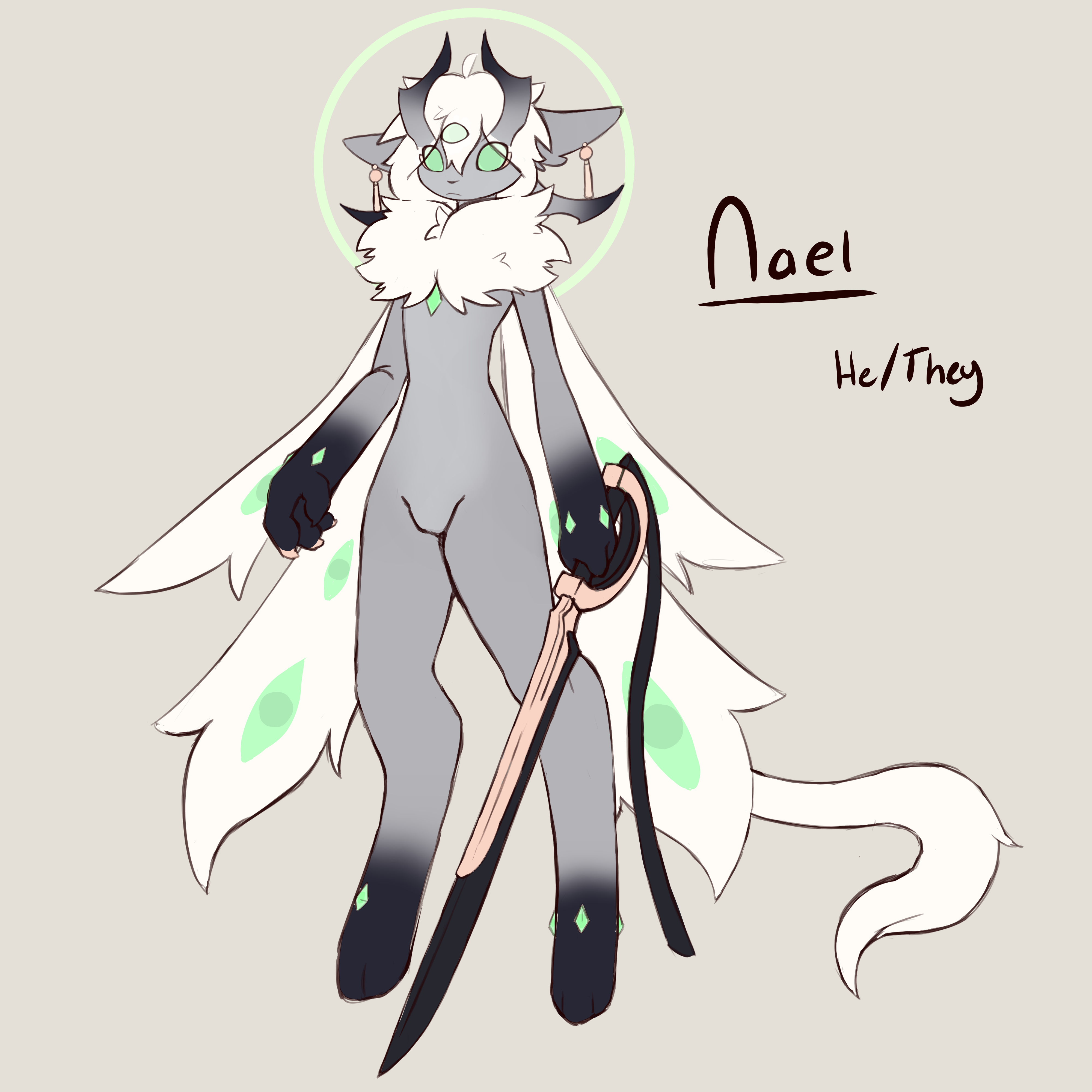 this is a digital illustration of a fantasy creature. the creature is a humanoid with white fur, gray fur, and black fur. it has large green eyes, wings, and a tail. it is holding a sword in its right hand. the creature's name is "nael" and it uses "he/they" pronouns.