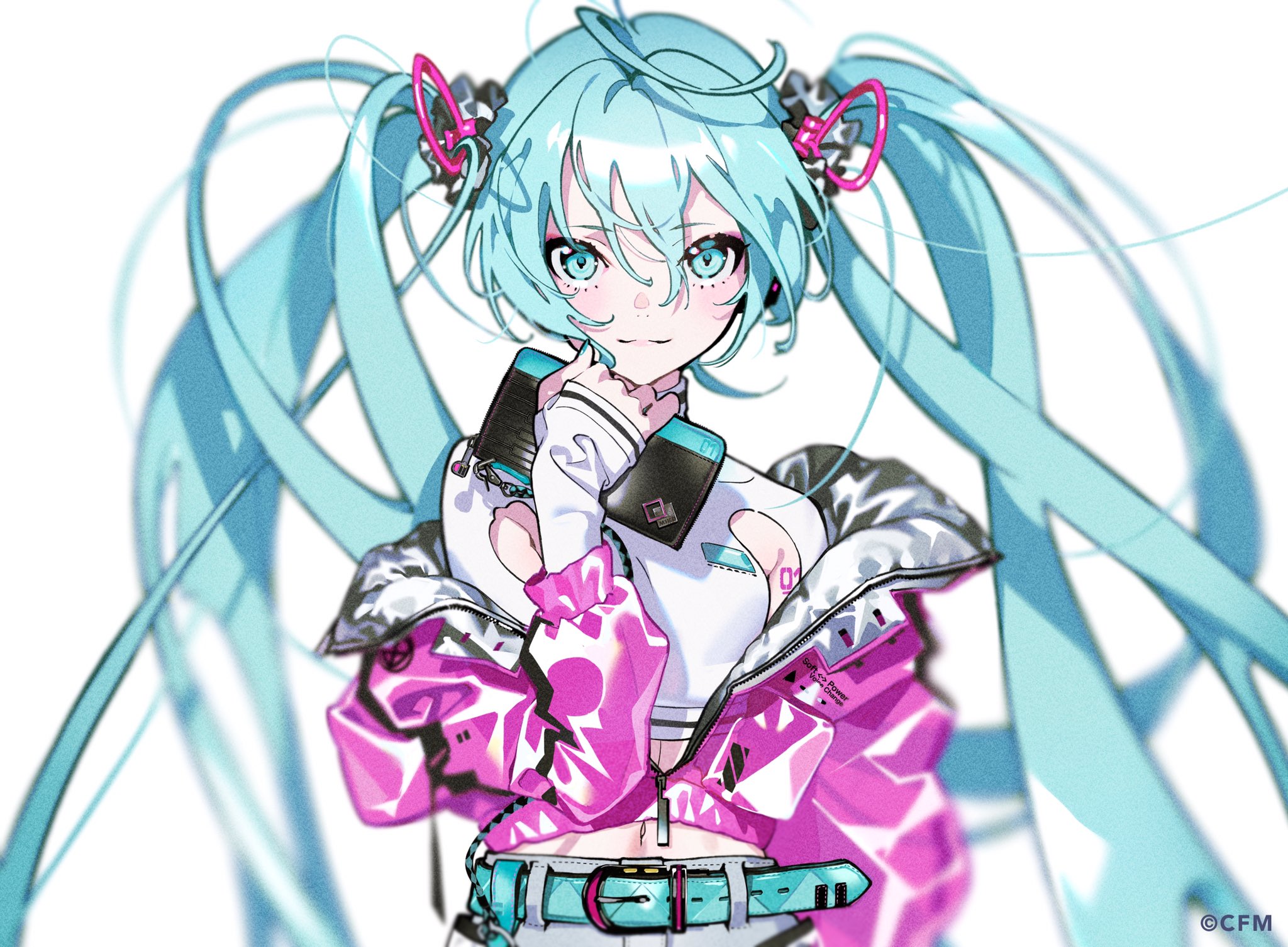 a digital illustration of hatsune miku, a popular vocaloid character, against a white background. she is depicted with her signature long blue pigtails and is wearing a pink and white outfit. she's holding a device in her hand, likely representing a music player or microphone.