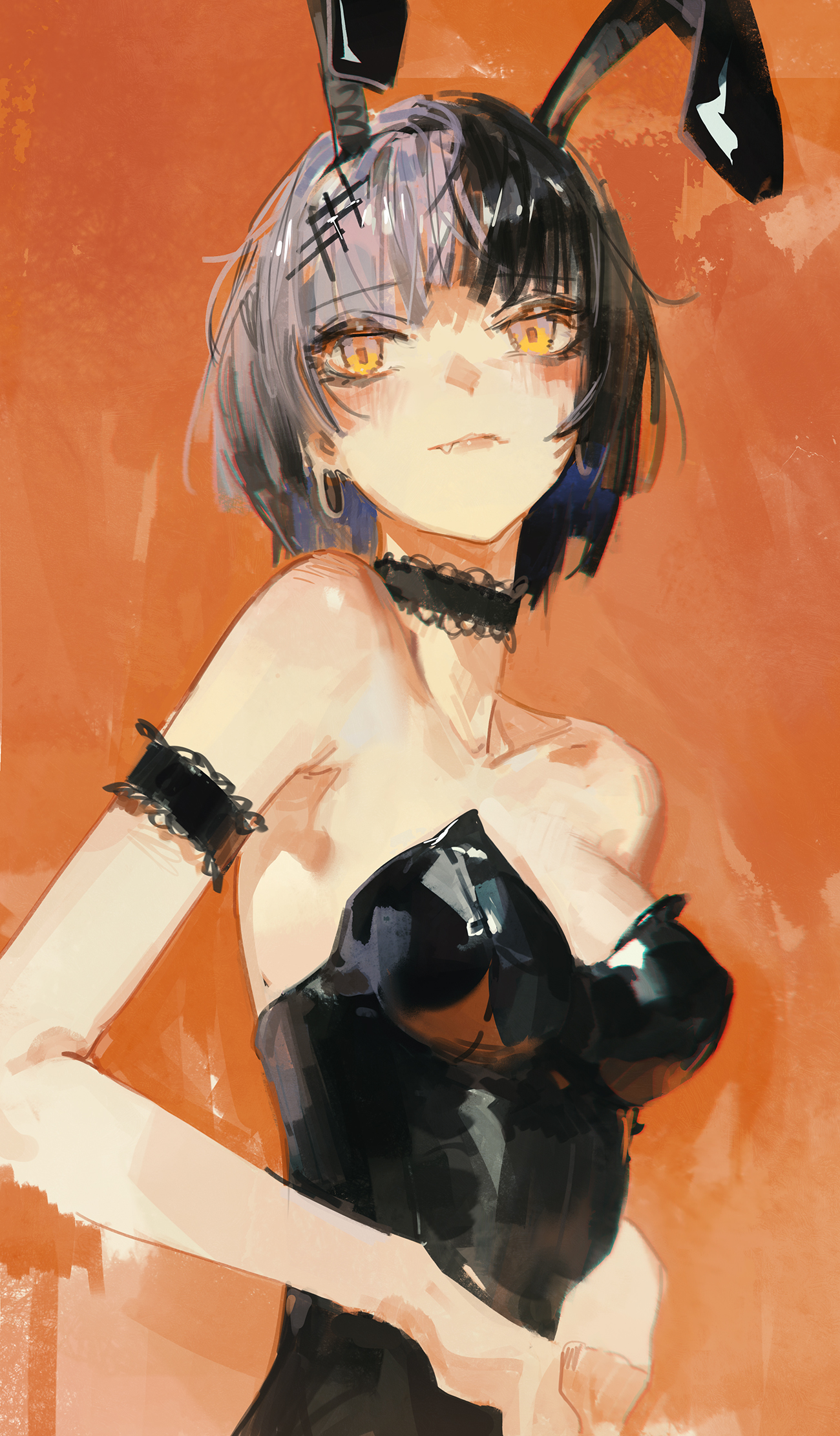 this is a digital art illustration of an anime girl. she has black and white hair and is wearing a black bunny outfit with yellow eyes. she is looking directly at the viewer.
