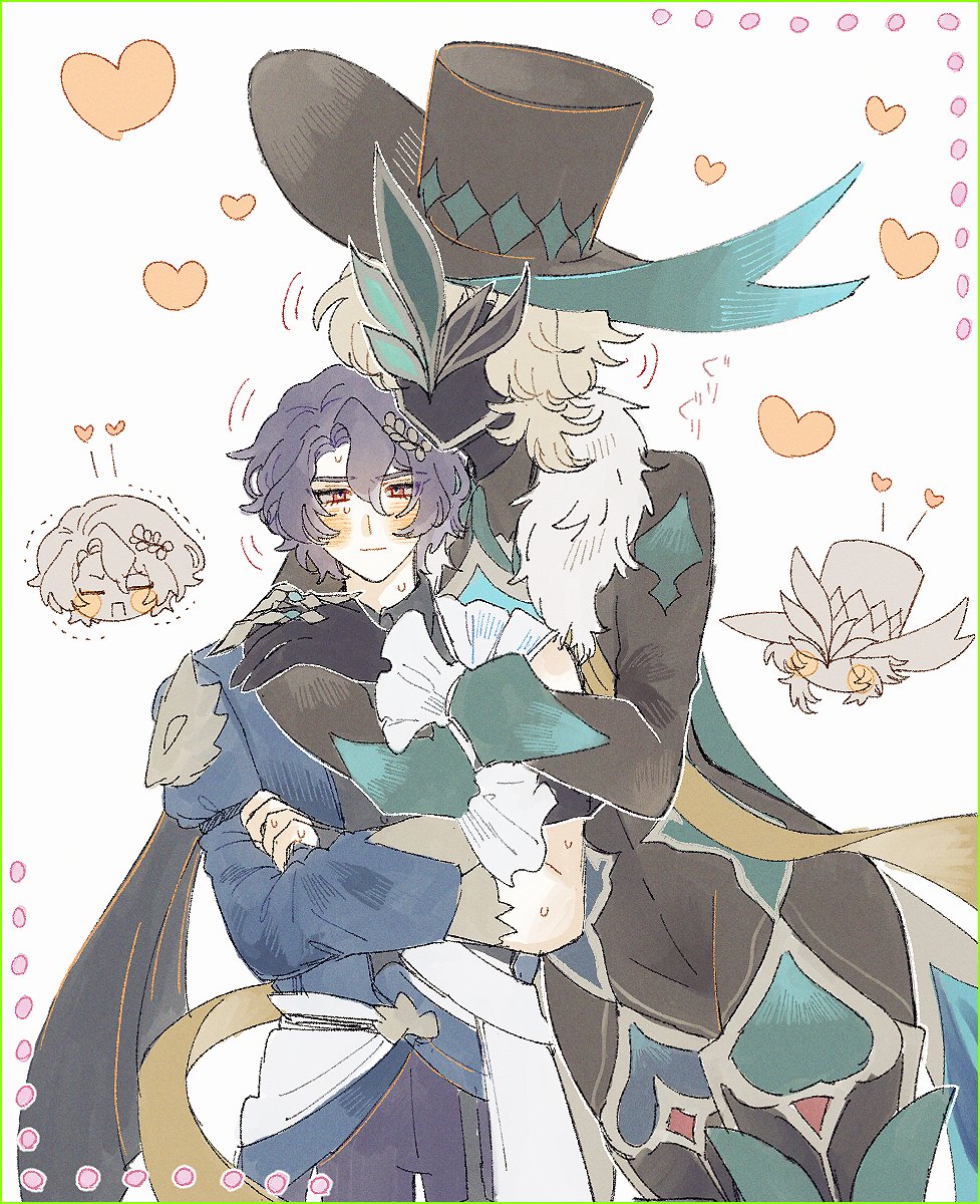 the image is a piece of fanart in a style reminiscent of anime and manga. it depicts two male characters in elaborate fantasystyle clothing. one, taller and wearing a large, ornate hat,  is gently embracing the other, who has shorter, darker hair.  the scene is filled with small, floating hearts, suggesting a romantic or affectionate relationship between the two figures. there are also smaller chibistyle drawings of what appear to be other characters in the background, adding a playful touch. the overall aesthetic is soft and tender, with a delicate color palette.