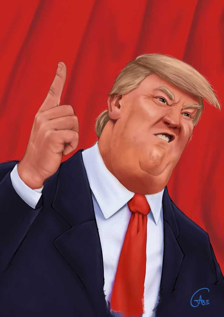 a caricature of donald trump in a suit and red tie pointing his finger up against a red background.