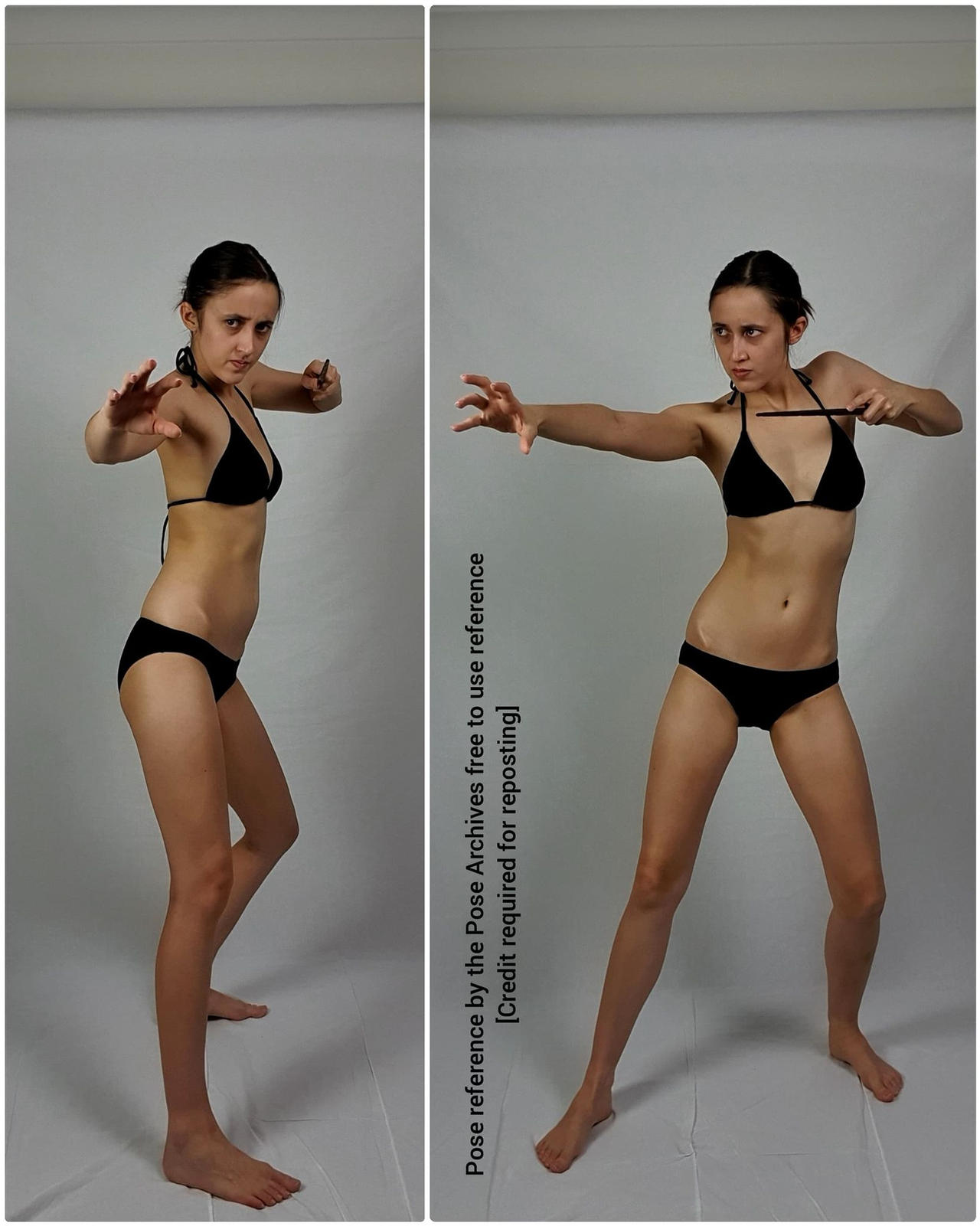 a woman in a black bikini is posing in front of a white background. she is in two different poses, both of which suggest she is performing magic. the image is a pose reference for artists.