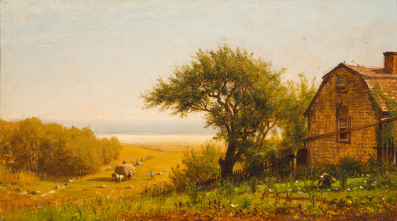 the image is a landscape painting depicting a rural scene. a golden field stretches out toward a body of water in the distance, under a light sky. to the left, a cluster of trees is visible, while in the center, a large tree dominates the view. in the foreground, a rustic house with a chimney stands beside a garden filled with flowers. a fence partially encloses the garden. in the field, figures appear to be working with hay, oxen, and possibly other agricultural activities. the overall style of the painting suggests impressionism. birds fly in the sky.