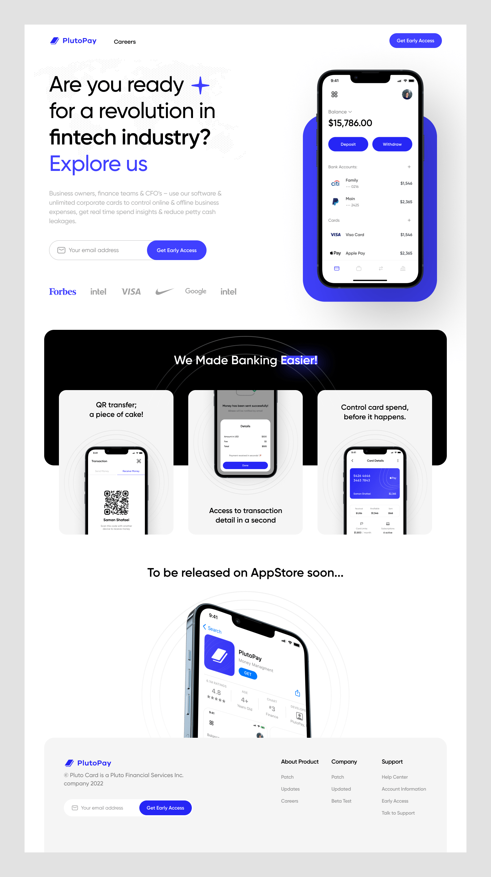 this is a webpage for a fintech app called plutopay. the page describes the app's features and its ease of use. the image shows a variety of screens from the app, including a transaction history screen, a qr code screen, and a card management screen. the page also includes a call to action to get early access to the app.