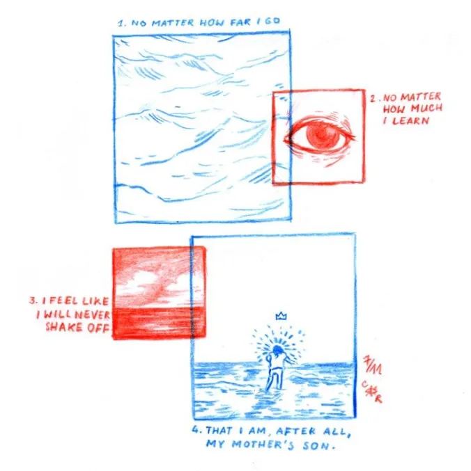 the image consists of four panels. the first panel is a blue ink drawing of ocean waves, contained within a rectangle. this panel is labeled "1. no matter how far i go". the second panel is a red ink drawing of an eye, contained within a rectangle. this panel is labeled "2. no matter how much i learn". the third panel is a red ink drawing of the horizon, where the sea meets the sky, contained within a rectangle. this panel is labeled "3. i feel like i will never shake off". the fourth panel combines blue and red ink. it shows a stick figure standing on water with a crown above its head. this panel is labeled "4. that i am, after all, my mother's son.". the waves from panel one are suggested in the bottom of panel four. to the right of panel four are illegible scribbles in blue ink.