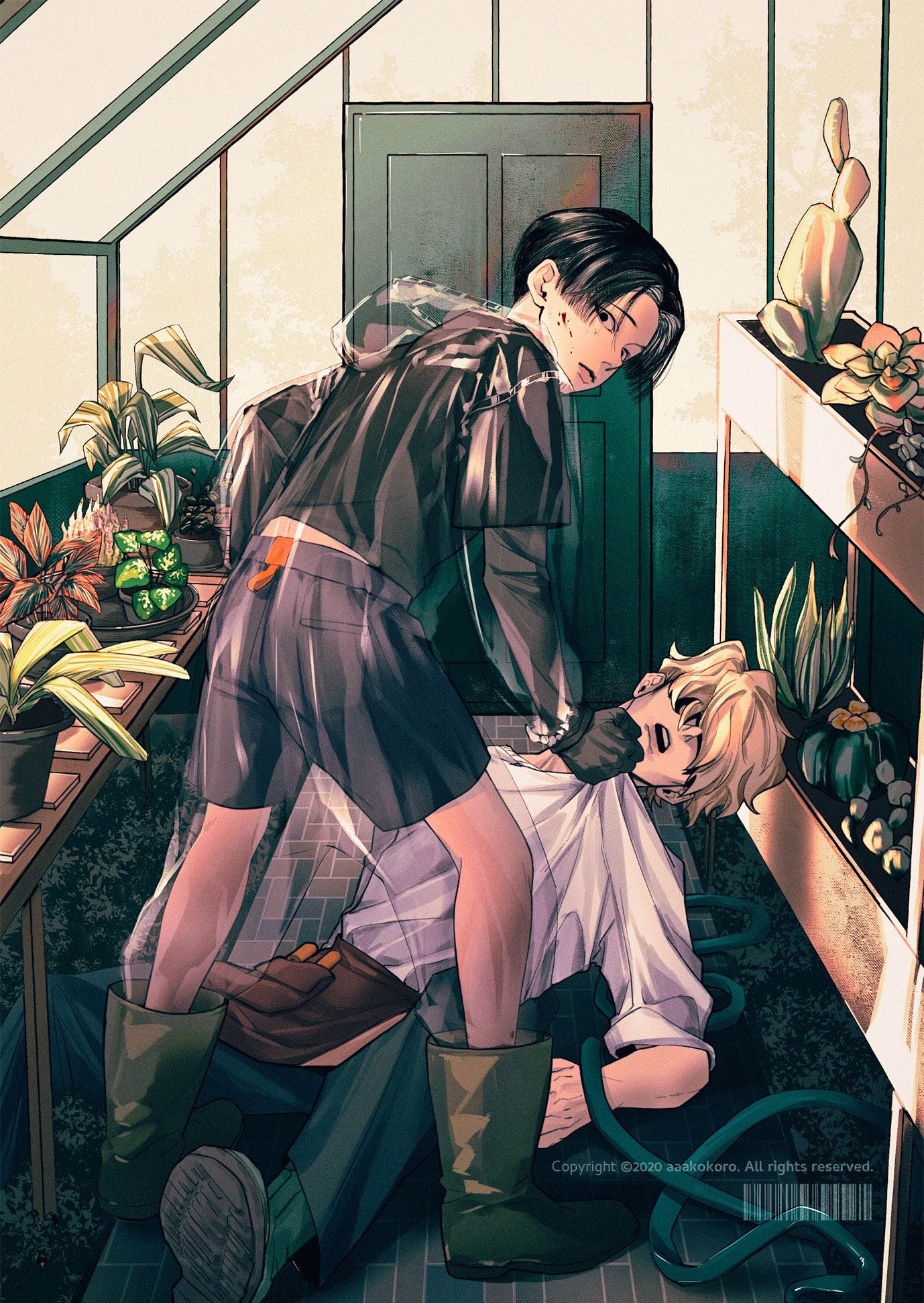 the image is an anime illustration of a scene from a violent conflict. two young men are fighting in a greenhouse. the man on top is wearing a black jacket, shorts, and boots. he is holding a knife in his hand. he is pinning the man on the bottom to the ground by his neck, with a garden hose wrapped around his arm. the man on the bottom is wearing a white shirt and pants. he is trying to fight back, but he is struggling. the background of the scene is a greenhouse with various plants and tools. the image is dark and dramatic, with a sense of tension and violence. the two characters are drawn in a realistic style, and the scene is very detailed. the image is likely a scene from a comic book or graphic novel, and it is designed to be suspenseful and exciting.