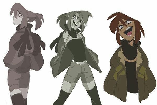 this is an illustration of three anime girls in casual attire. the girl on the left is wearing a purple jacket with a hood, the girl in the middle is wearing a green jacket with shorts, and the girl on the right is wearing a brown jacket with a turtleneck shirt. they all have different facial expressions. the girl on the left looks calm, the middle one has a smirk on her face and the right one is laughing.