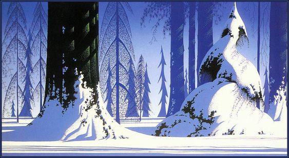 this image showcases a captivating winter scene within a snowdrifted forest. tall, slender trees stand majestically, their branches bare against the cool blue sky. the forest floor is blanketed in pristine white snow, its smooth surface broken only by the subtle contours of fallen snowdrifts. the trees themselves, rendered in shades of blue and white, create a sense of depth and tranquility, their forms echoing the stillness of the winter landscape.