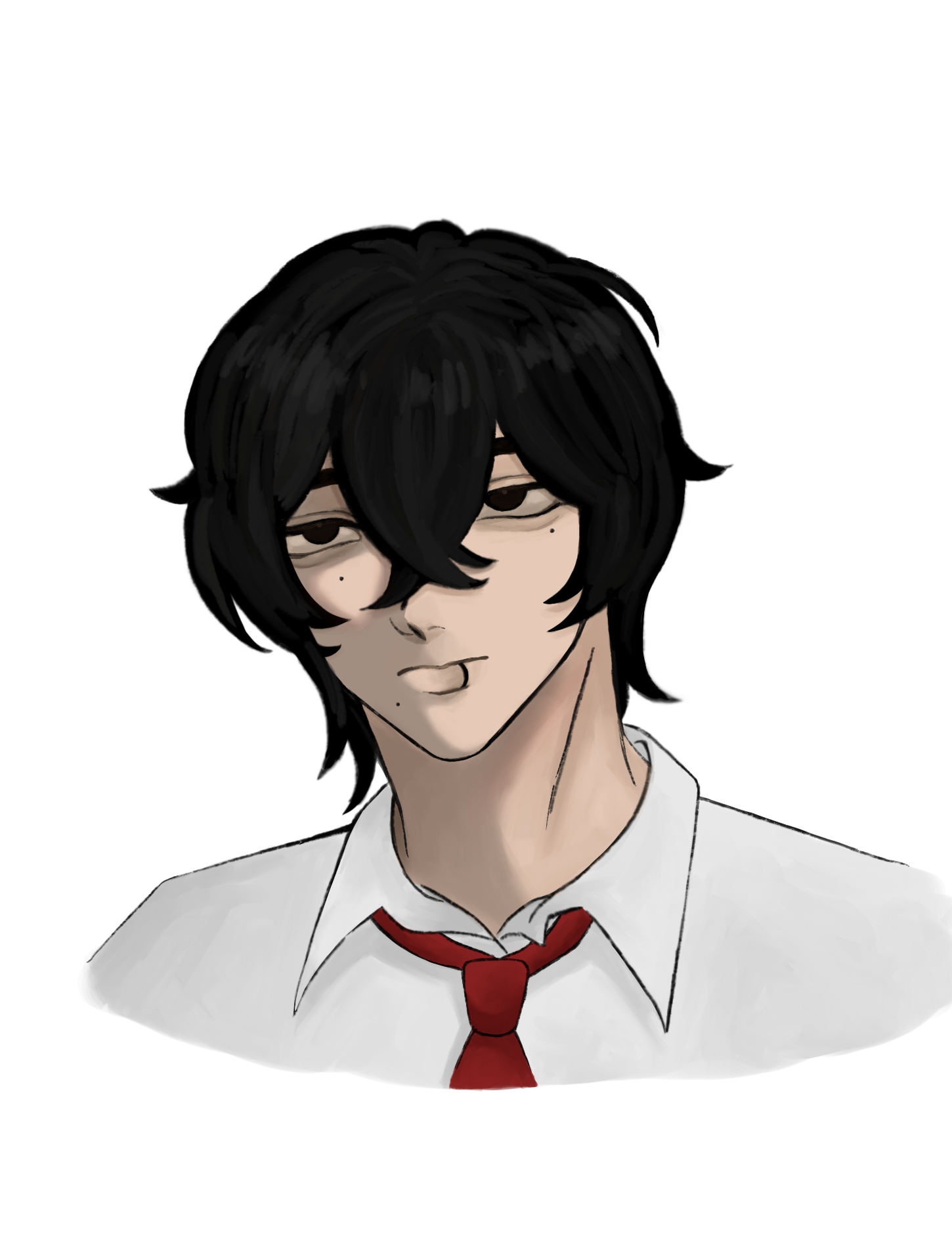 the image is a digital drawing or painting of an anime or mangastyle male character. he has dark, slightly messy black hair that partially obscures his eyes. he's wearing a white collared shirt and a red tie, typical of a school uniform. his expression is neutral or slightly bored, with his eyes halfclosed. the style is fairly simple, with soft shading and a minimalist background that focuses attention on the character.  the overall tone is subdued and slightly melancholic.