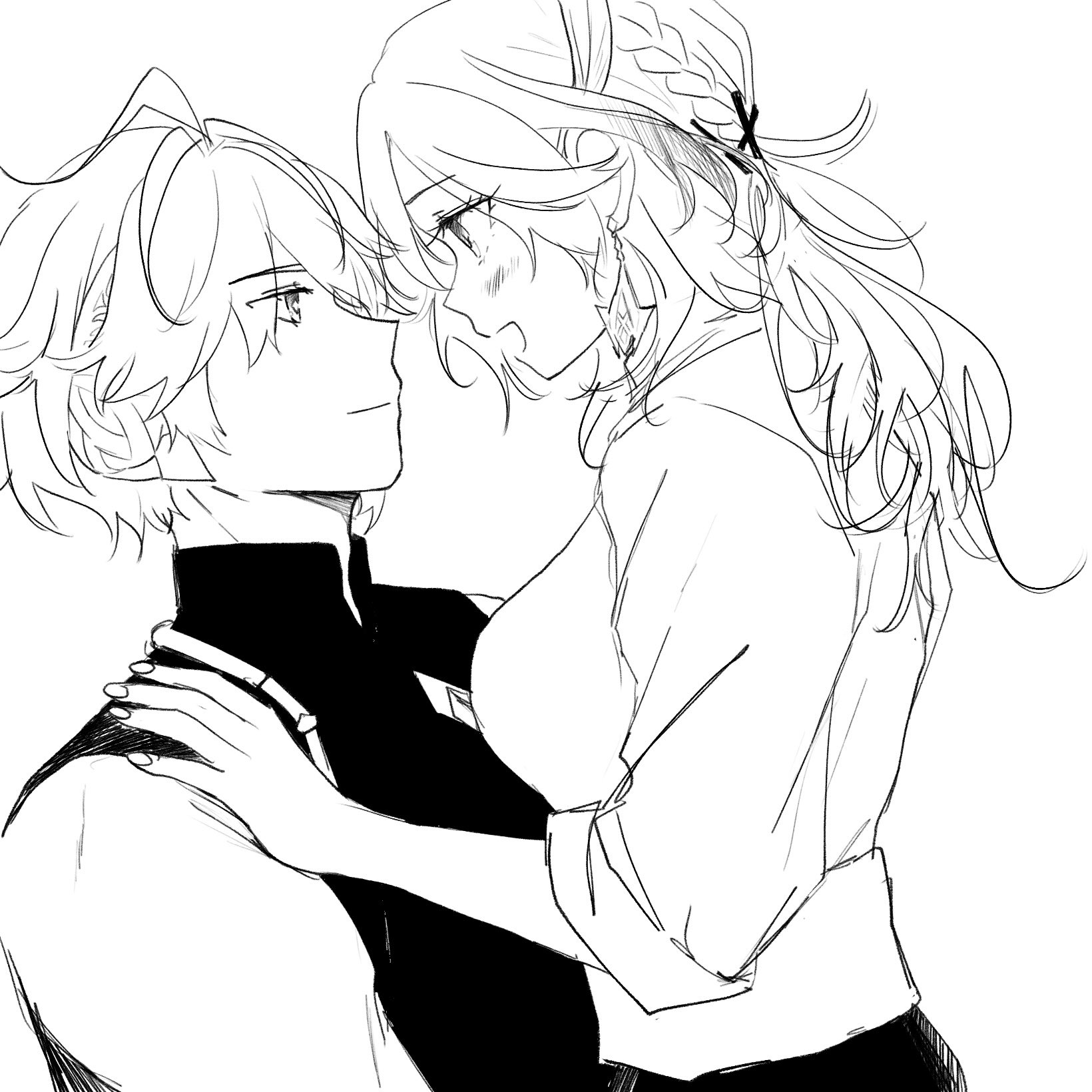a black and white sketch of a couple embracing each other. the boy is on the left, and the girl is on the right. the girl is hugging the boy from behind, and her head is resting on his shoulder. the boy is looking at the girl with a loving expression. the girl is blushing and looking down at the boy. the drawing is done in a very simple style, and the lines are very thin. it's a very sweet and romantic drawing.