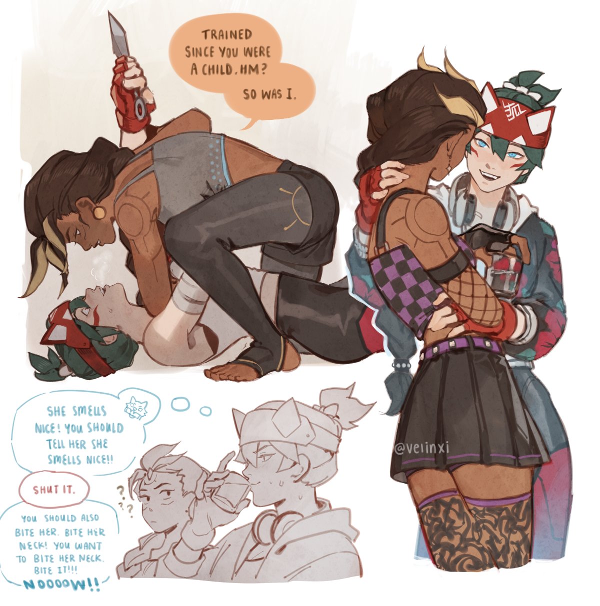 the image contains comic drawings of two anime girls. one girl is pinned and is fighting with the other who is wielding a knife. there is a speech bubble and a second drawing where the girls are hugging. there are more speech bubbles from another smaller drawing saying the girl smells nice and she should bite her neck.