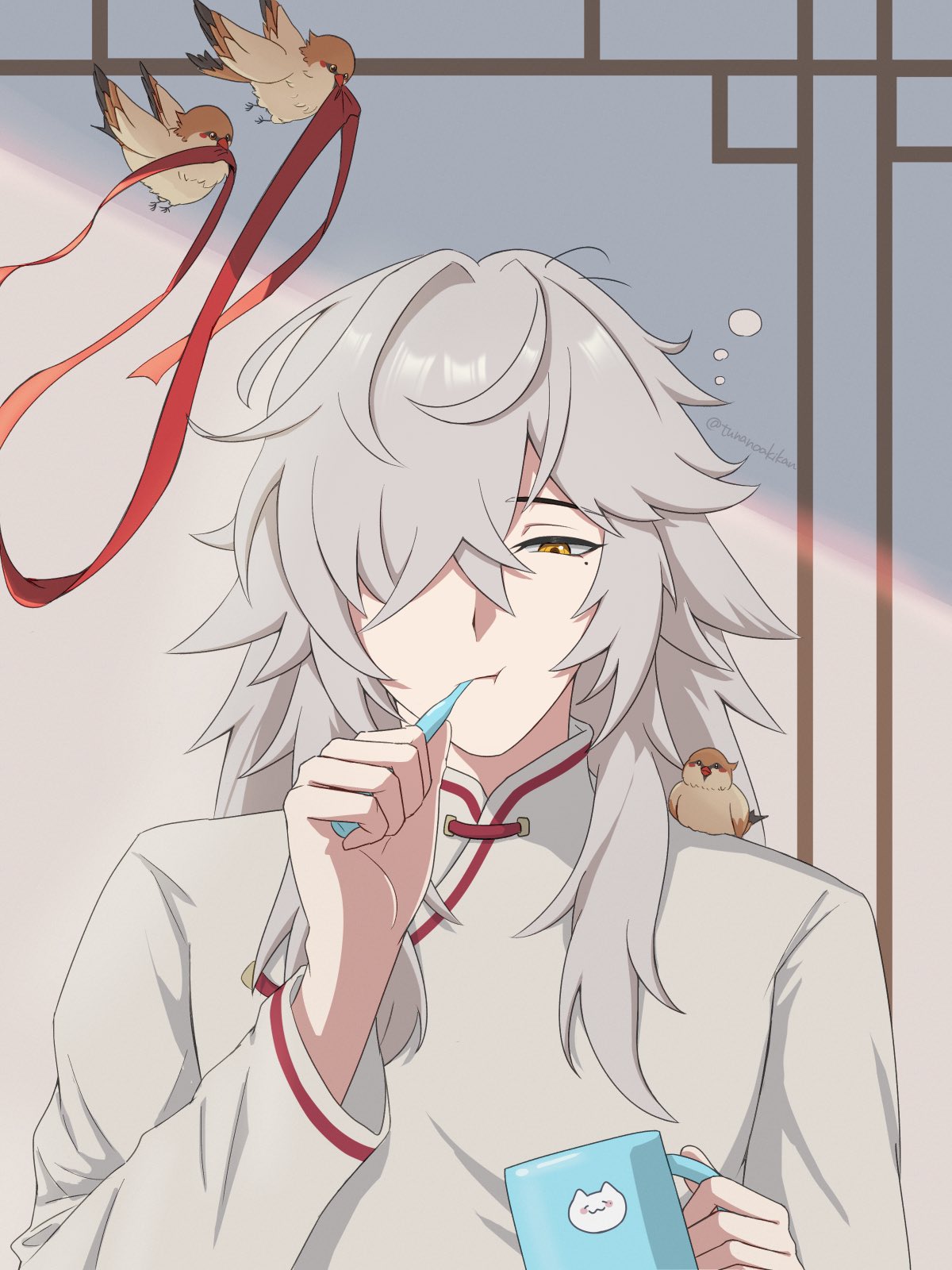 the image is of a young anime male character with long, flowing white hair. he is wearing traditional chinese clothing and is holding a toothbrush. he has a small bird perched on his shoulder and another two small birds are flying above his head, tied to a red ribbon. he is smiling as he looks down at his toothbrush, and he has a thoughtful look on his face.