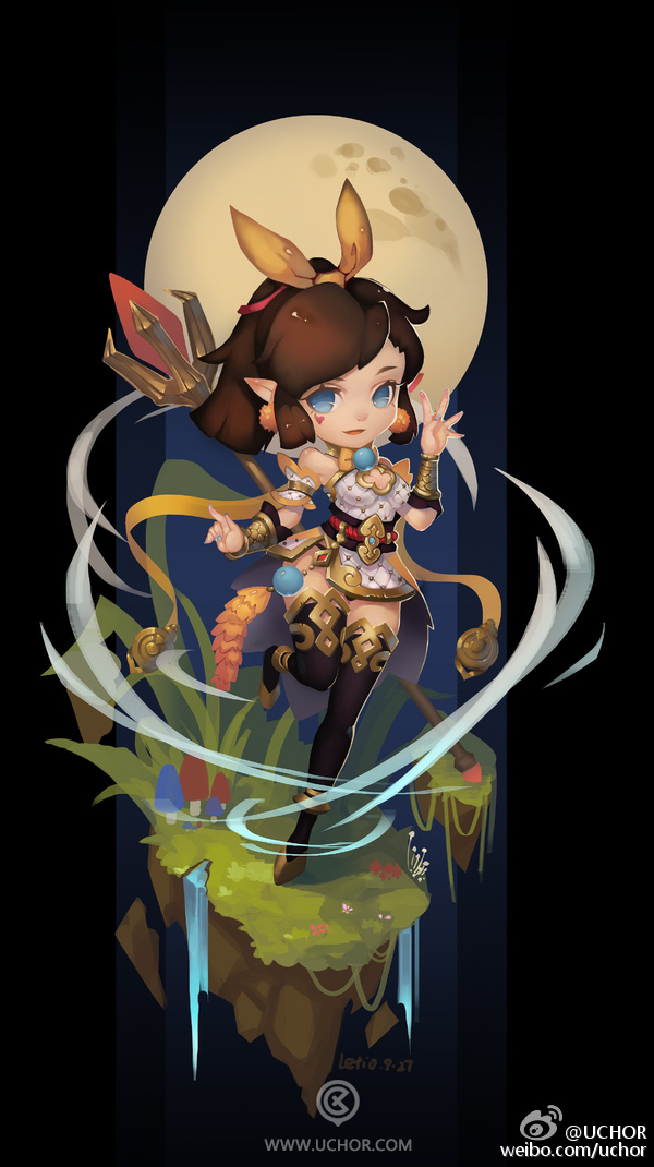 a cute animestyle chibi girl with brown hair, wearing a yellow and white dress, is holding a golden spear and standing on a floating island with green grass. the girl is surrounded by swirling clouds and the moon is in the background. she looks magical and adorable.  the art is done in a digital style with soft and vibrant colors.  the image is full of whimsy and charm.