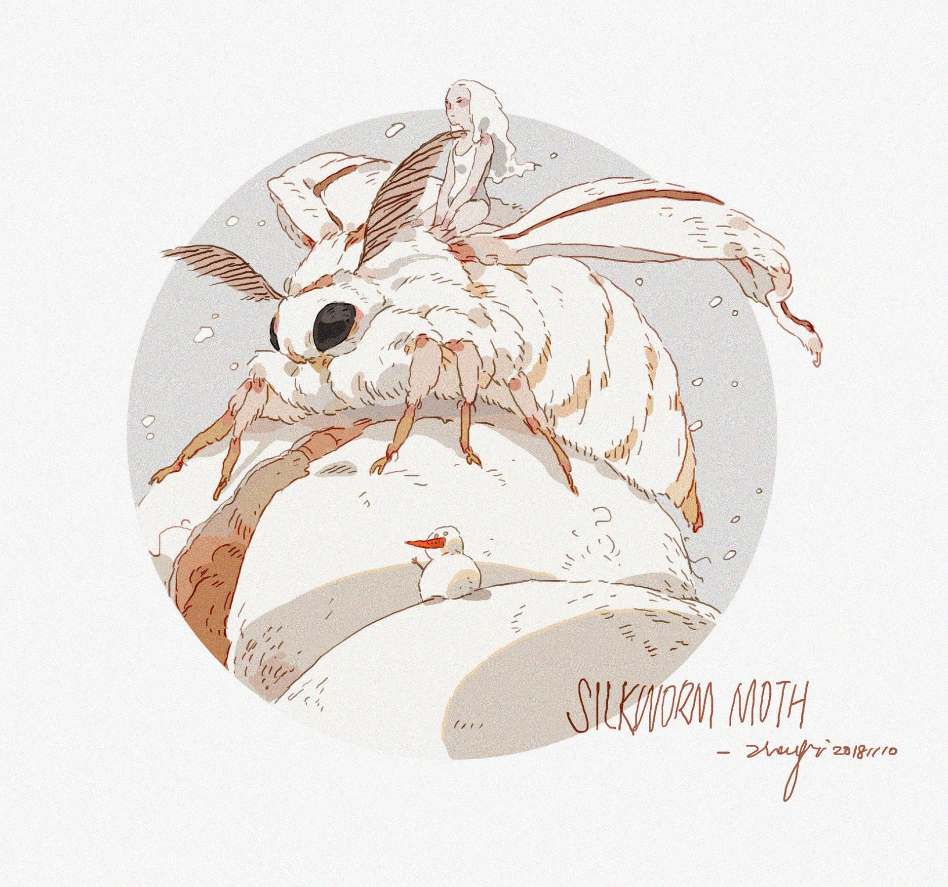 a digital illustration of a large, white silkworm moth. the moth is depicted as fluffy and gentle, with large, feathery wings. a small, white girl is sitting on the moth's back, and a small snowman is standing in the snow below. the scene is set in a winter wonderland, with snow falling from the sky. the art style is whimsical and dreamy, with soft lines and pastel colors. the illustration is a beautiful representation of the beauty and wonder of nature.