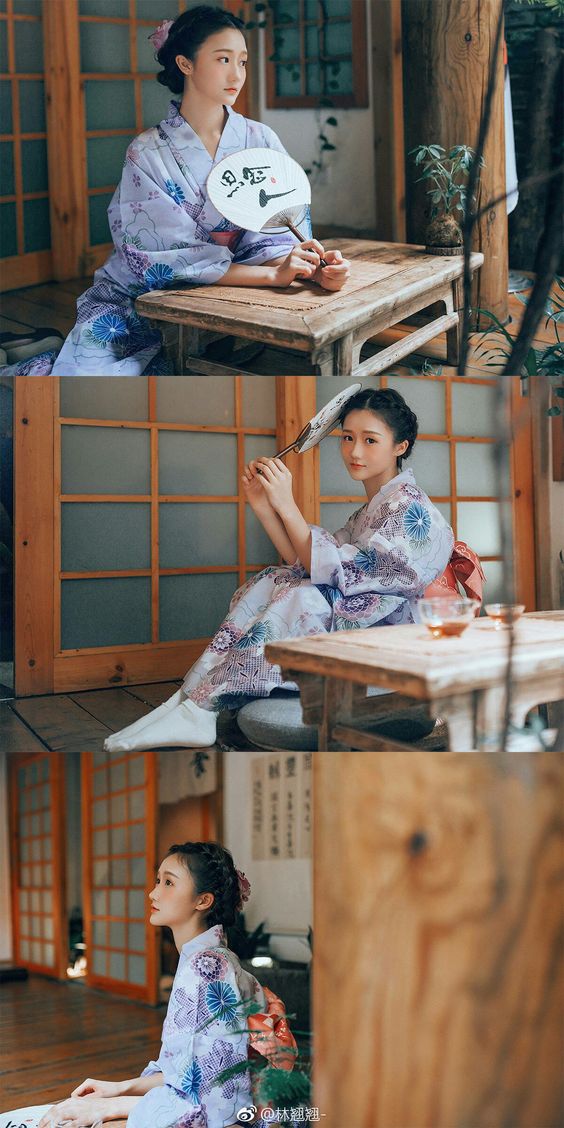 the image shows a young woman dressed in a light purple kimono with a floral pattern. she is depicted in three different poses, all within a traditional japanese room setting. the room features wooden sliding doors, tatami mat flooring, and a low wooden tea table. the woman is holding a white fan with japanese calligraphy in some of the images. the overall ambiance is calm and serene, highlighting the elegance of traditional japanese aesthetics.