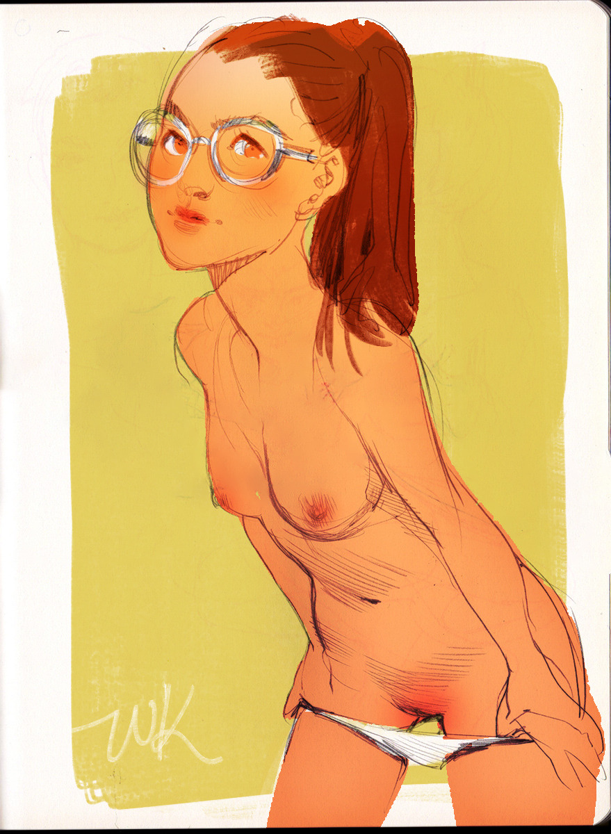 the image is a loose, expressive handdrawn sketch of a young woman. she is partially nude, wearing only white panties, and is shown from the waist up.  her body is depicted with visible brush strokes and shading, indicating a painterly style. she wears round glasses and has her brown hair pulled back in a ponytail. the background is a light yellowishgreen. the overall style is casual and slightly suggestive. the sketch appears to be done in a sketchbook, with a signature or artist's mark visible in the lower left. the style is reminiscent of contemporary illustration or concept art.
