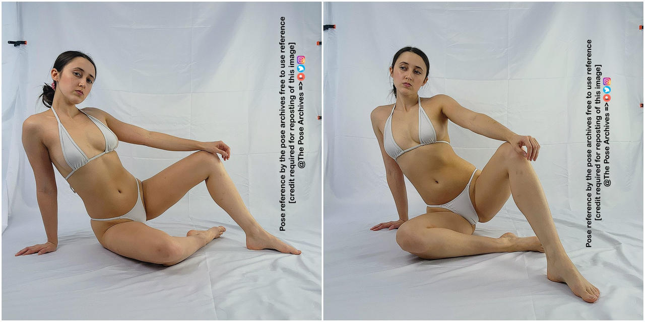 two images of the same woman in a white bikini posing on a white background. the images are for art reference and show the model in slightly different poses. the image has a soft light and is taken from eye level.