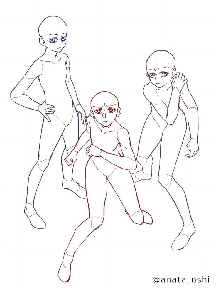this image features a digital drawing of three anime characters with various poses. the characters are outlined with black lines on a white background. the character on the left is standing with one hand on their hip. the character in the middle is kneeling with one leg bent, with their arms bent towards the front. the character on the right is standing on one leg, with their arms crossed over their chest.