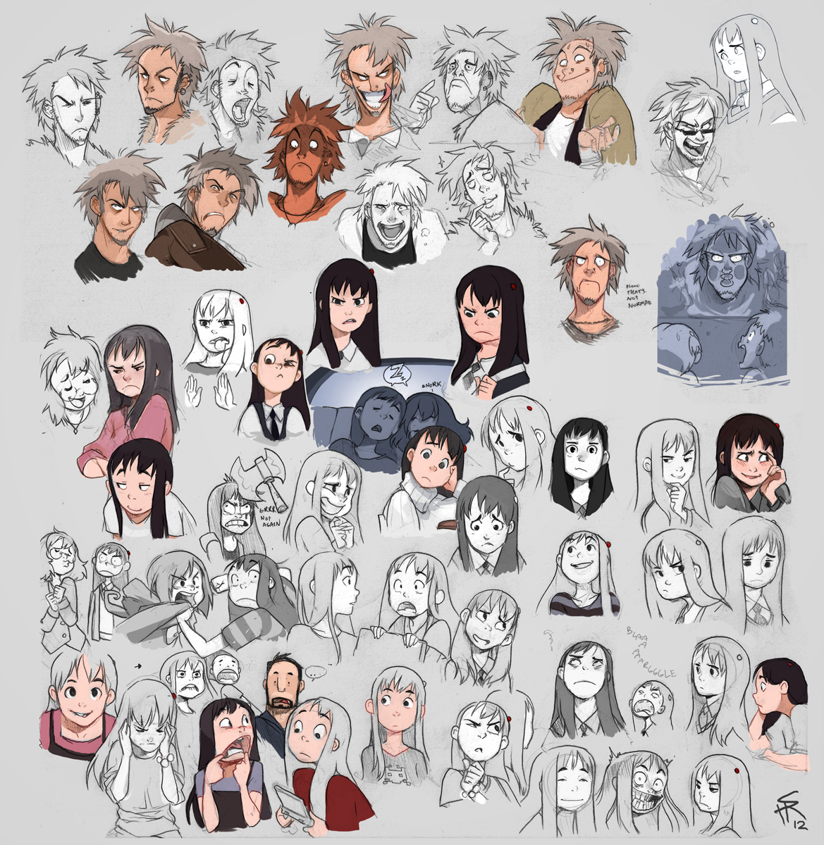 a collection of animestyle character sketches, primarily focusing on facial expressions and headshots. the drawings feature a variety of characters, both male and female, with diverse hairstyles and expressions ranging from comical to serious. the artist employs a black and white palette with varying line weights to create depth and texture. most characters are depicted from the front or slight side angles, allowing for a clear study of their expressions.