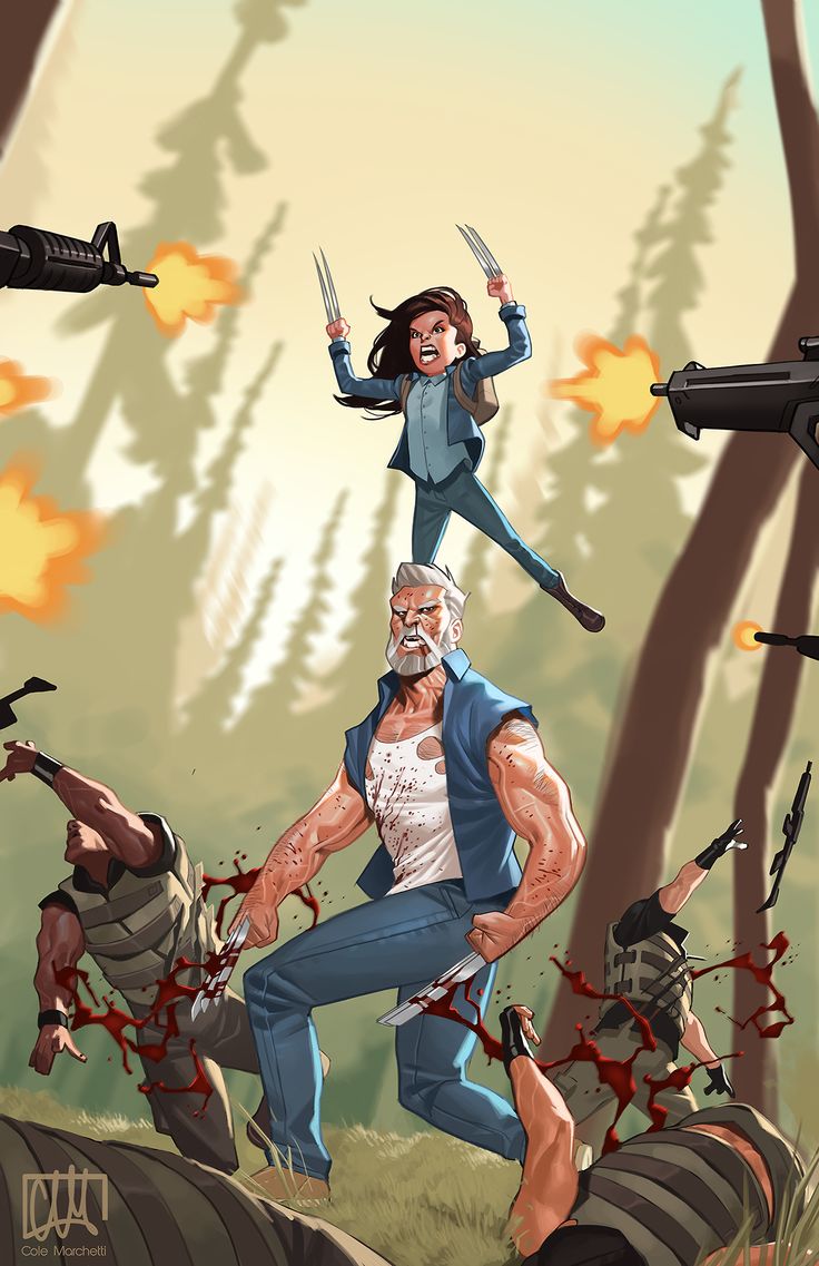 the image is a comic book style illustration depicting an action scene in a forest. in the foreground, an older, grizzled wolverine with a white beard is in the midst of combat, claws extended, with blood splatter around him and his opponents.  a younger version of x23, or laura kinney, is leaping above him, also with claws extended, ready for a fight.  in the background, there are armed figures firing weapons, with gunfire flashes. the overall tone is intense and violent.