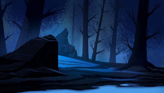 the image is of a dark forest at night. the moon is shining brightly, casting long shadows from the trees. there is a large rock in the foreground and a puddle of water in the distance. the overall atmosphere of the image is mysterious and eerie.