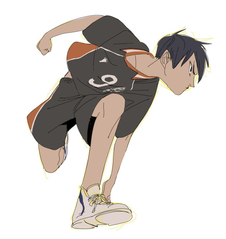 an anime character is in the middle of a jump shot, wearing a black jersey with a white number 9 on it, black shorts, black sneakers, and has black hair. the background is white. the image is a sketch or drawing.