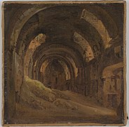 the image shows a painting of an interior architectural scene with arches and vaults, possibly depicting a ruin. the artwork is dominated by brown and dark tones, with light and shadow creating a sense of depth and perspective. the structure appears old and made of stone. it could be a corridor or hallway within a building.