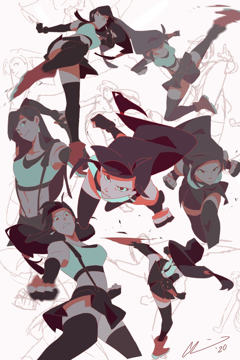 the image is a digital illustration of a female anime character in different fighting poses. the character is drawn in a colorful style and has a dynamic and energetic feel. the image is full of action and movement and is a great example of anime art.