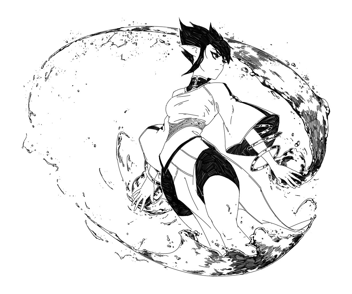 the image is a black and white drawing of an animestyle female character. she appears to be an elflike character with pointed ears, wearing a flowing robelike outfit. she is dynamically posed, appearing to be controlling or interacting with a large swirling mass of water that surrounds her. the style is detailed and intricate, with shading and linework creating a sense of movement and texture in both the character's clothing and the water. the overall impression is one of power, grace, and magical ability.